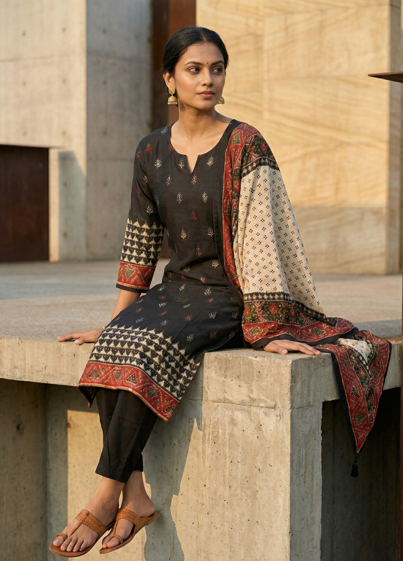 Black Cotton Straight Suit Set