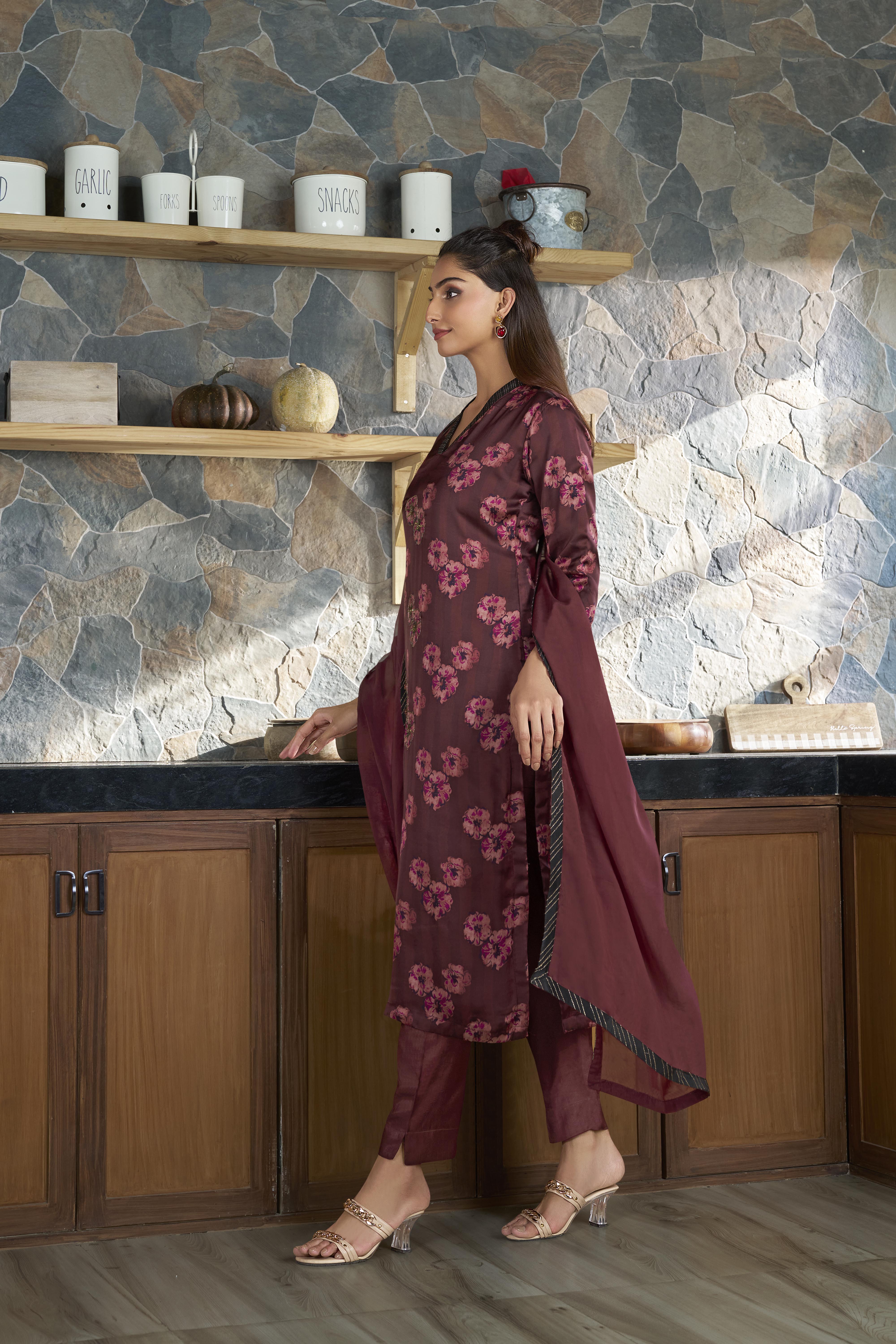 Maroon Silk Straight-Cut Salwar Suit