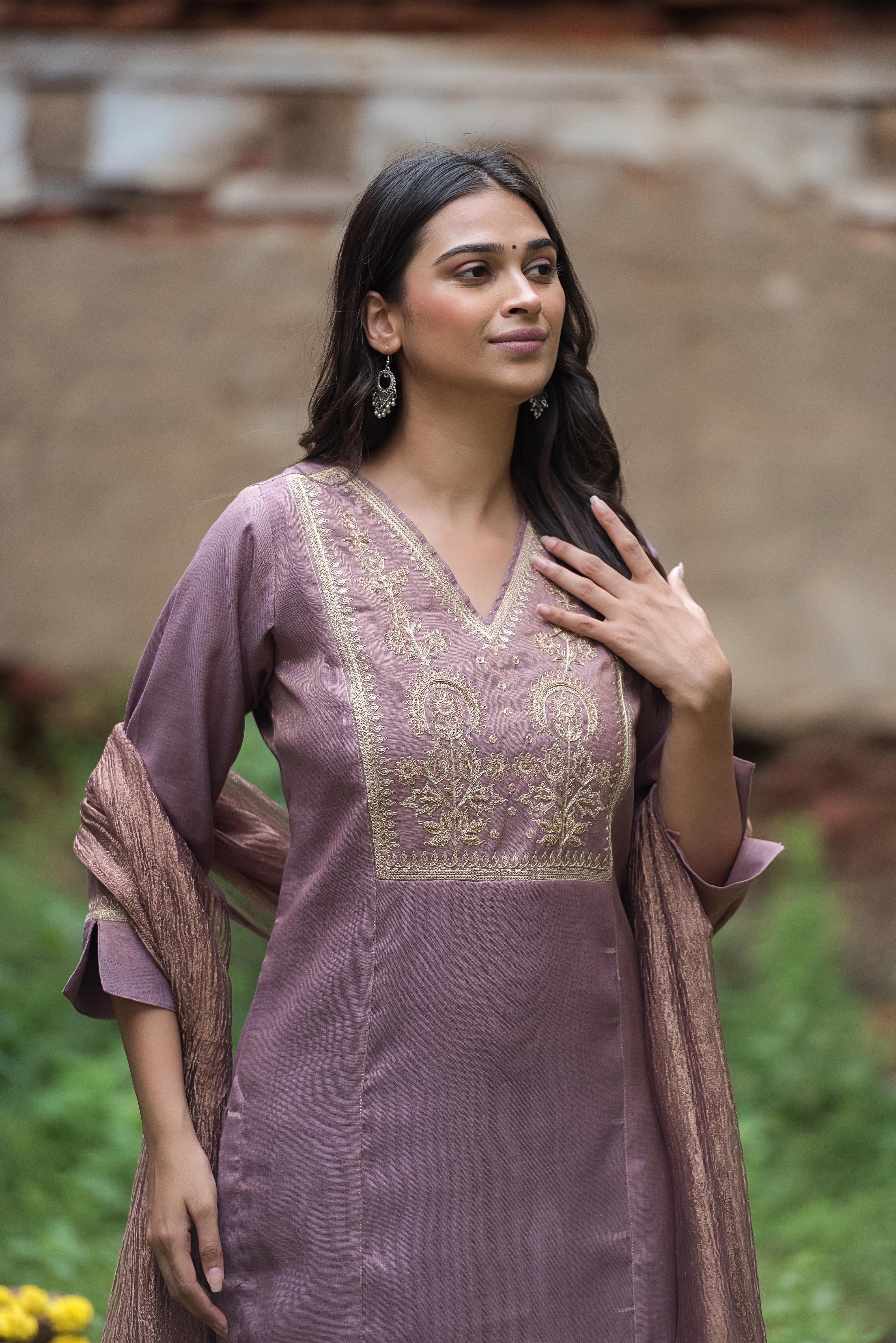 Onion Salwar Suit with Intricate Co-Embroidery