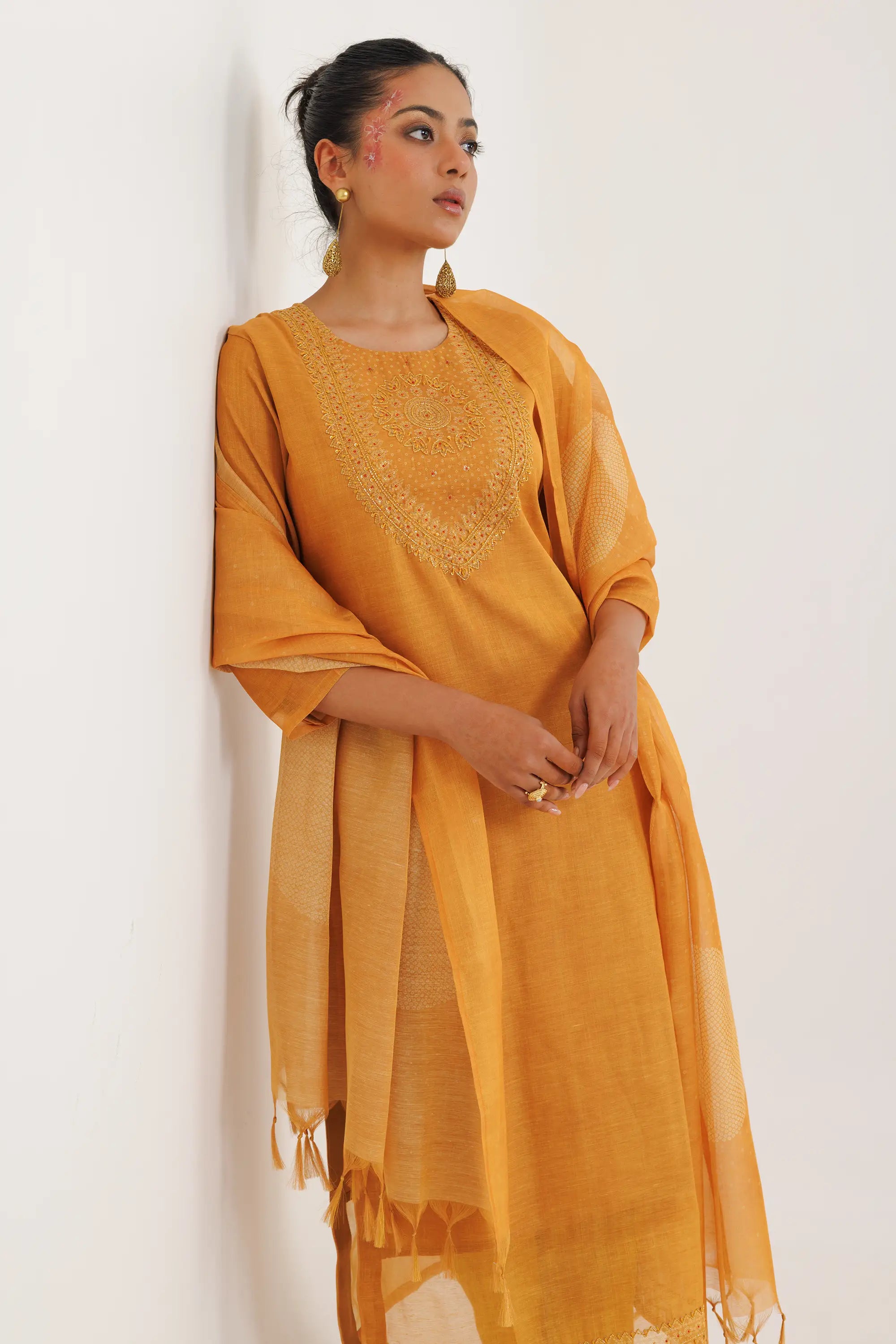 Tangerine Linen Tissue Embroidered Kurta Suit Set