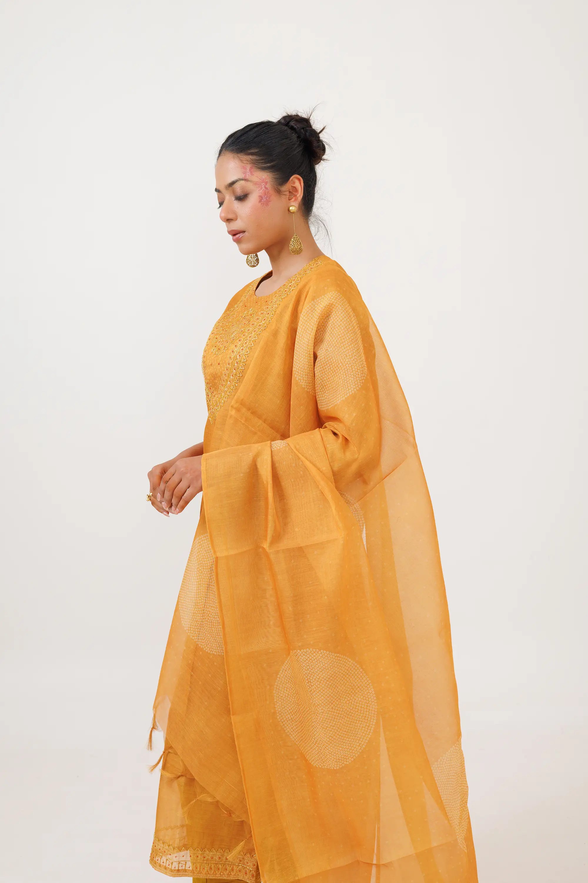 Tangerine Linen Tissue Embroidered Kurta Suit Set