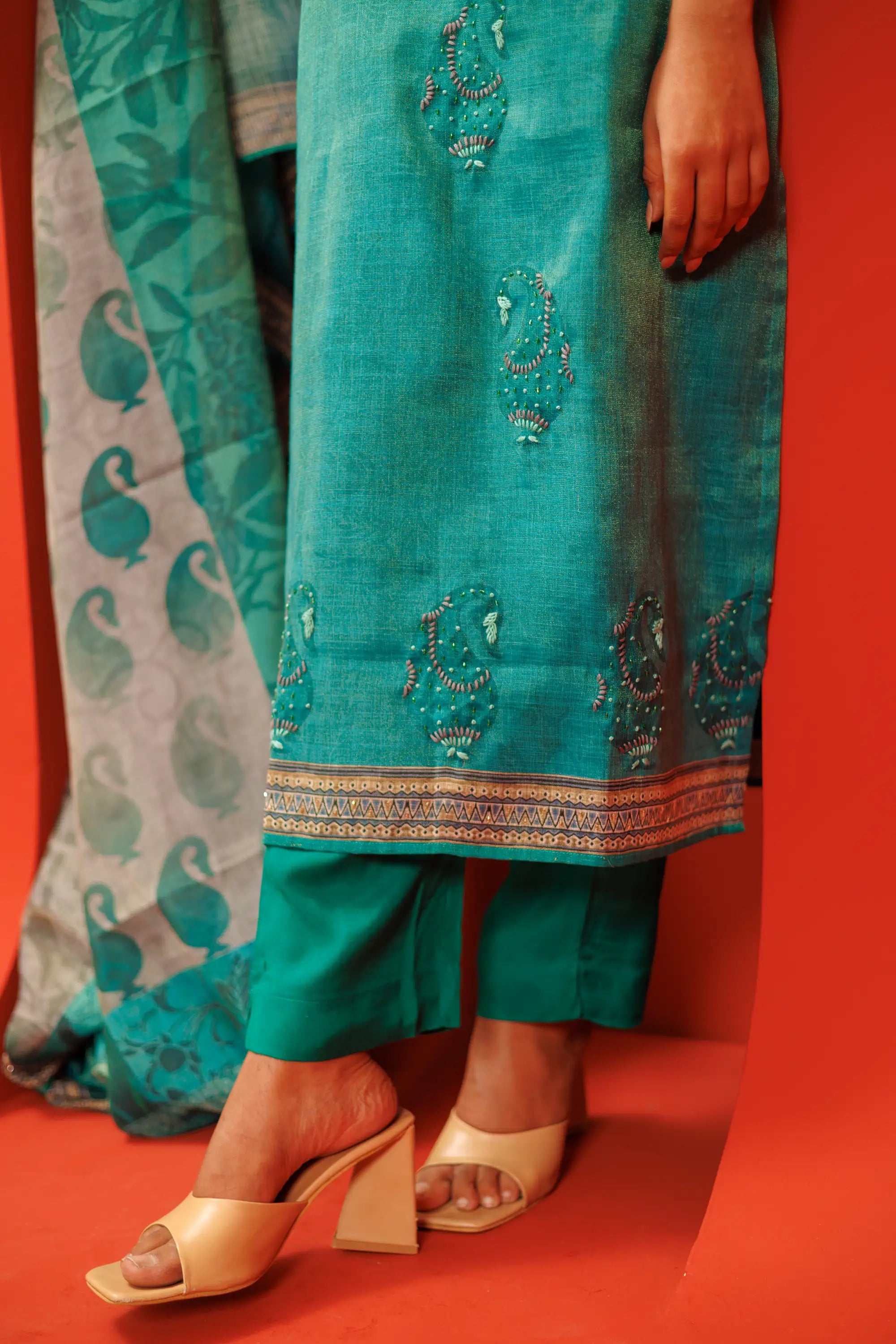 Teal Blue Linen Tissue Kurta Suit Set