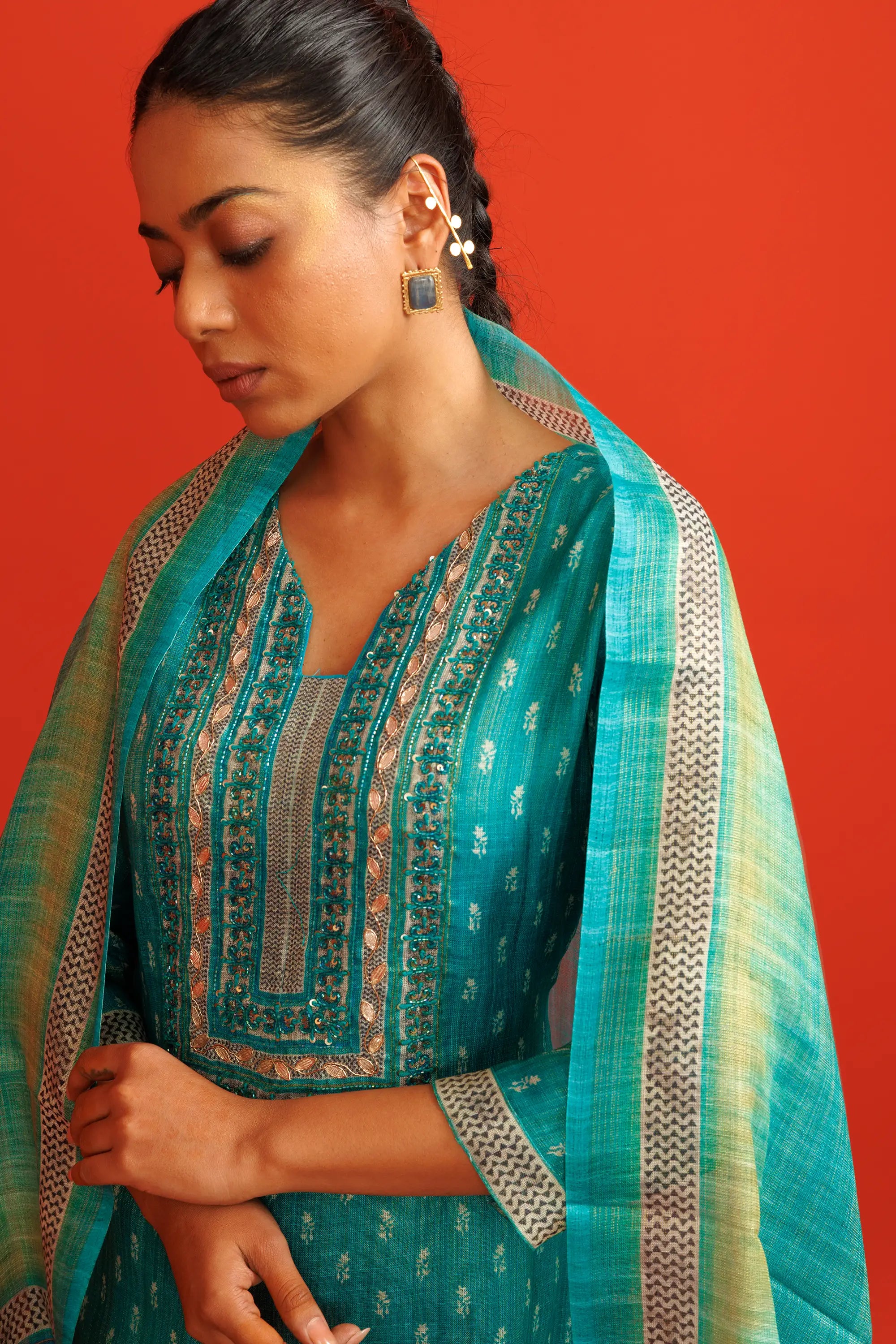Teal Blue Linen Tissue Kurta Suit Set