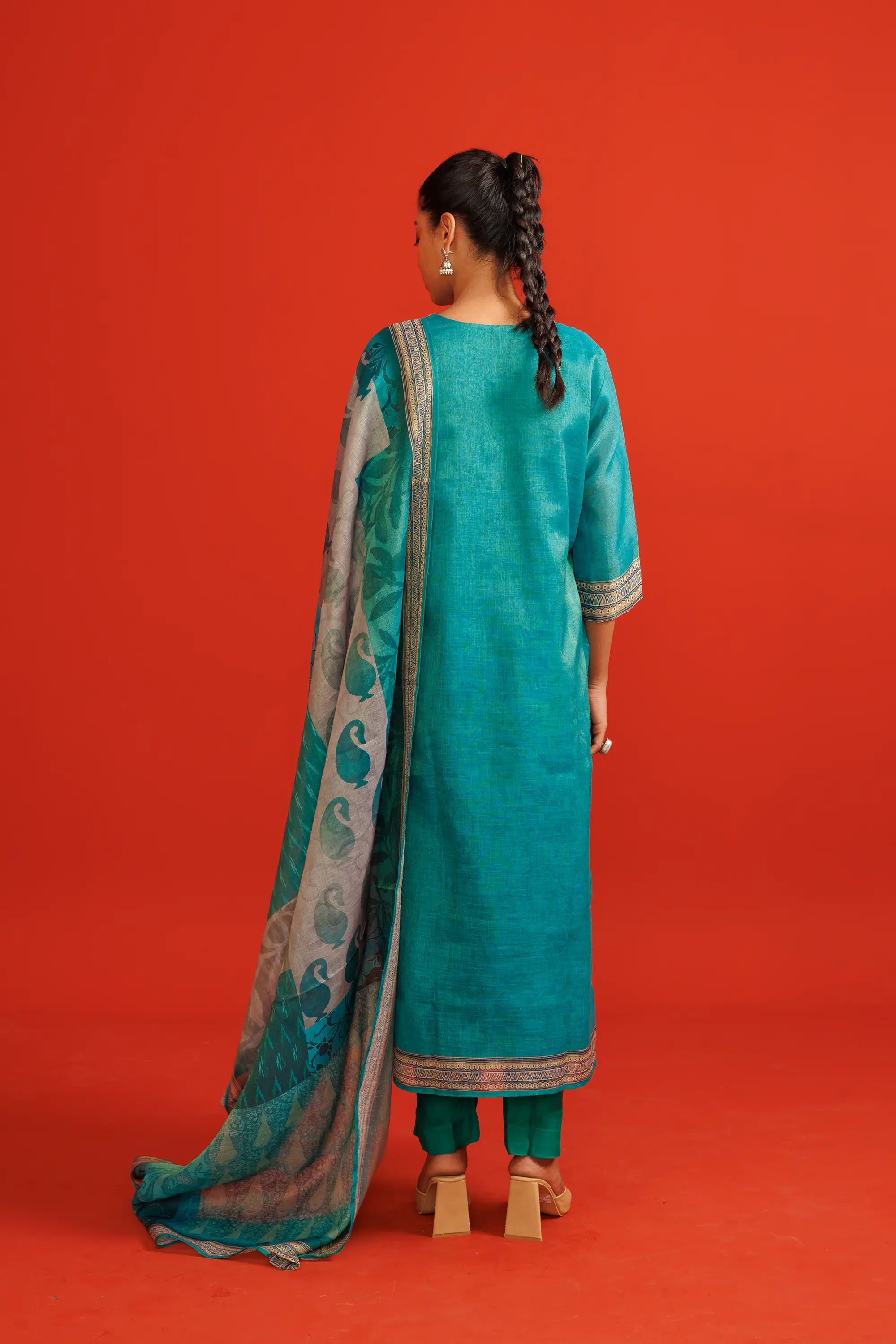 Teal Blue Linen Tissue Kurta Suit Set