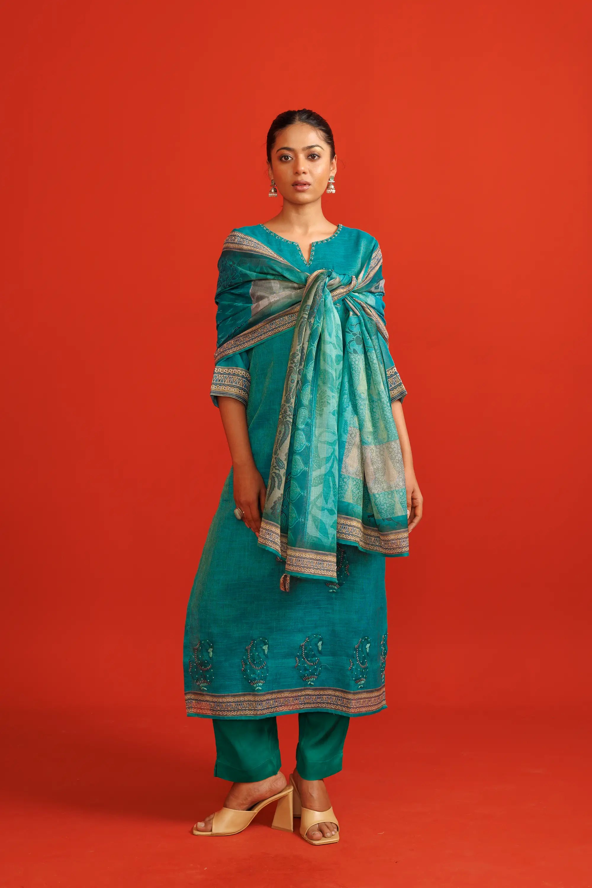Teal Blue Linen Tissue Kurta Suit Set