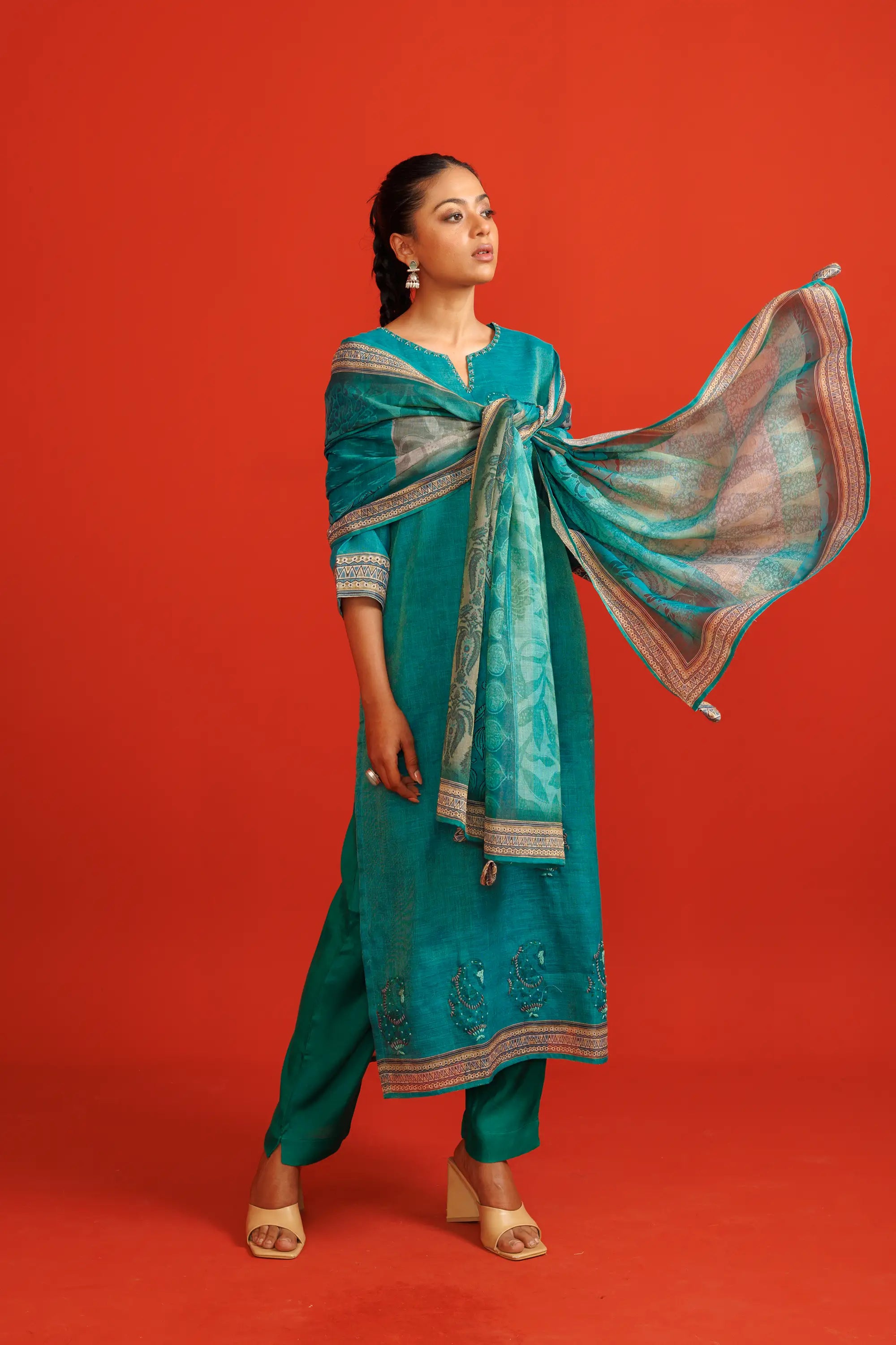 Teal Blue Linen Tissue Kurta Suit Set