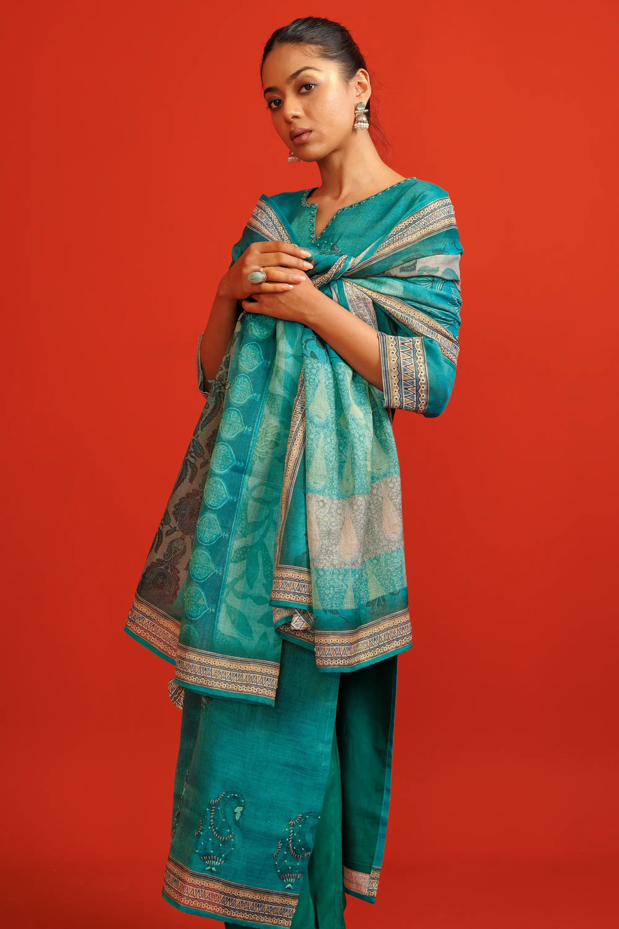 Teal Blue Linen Tissue Kurta Suit Set