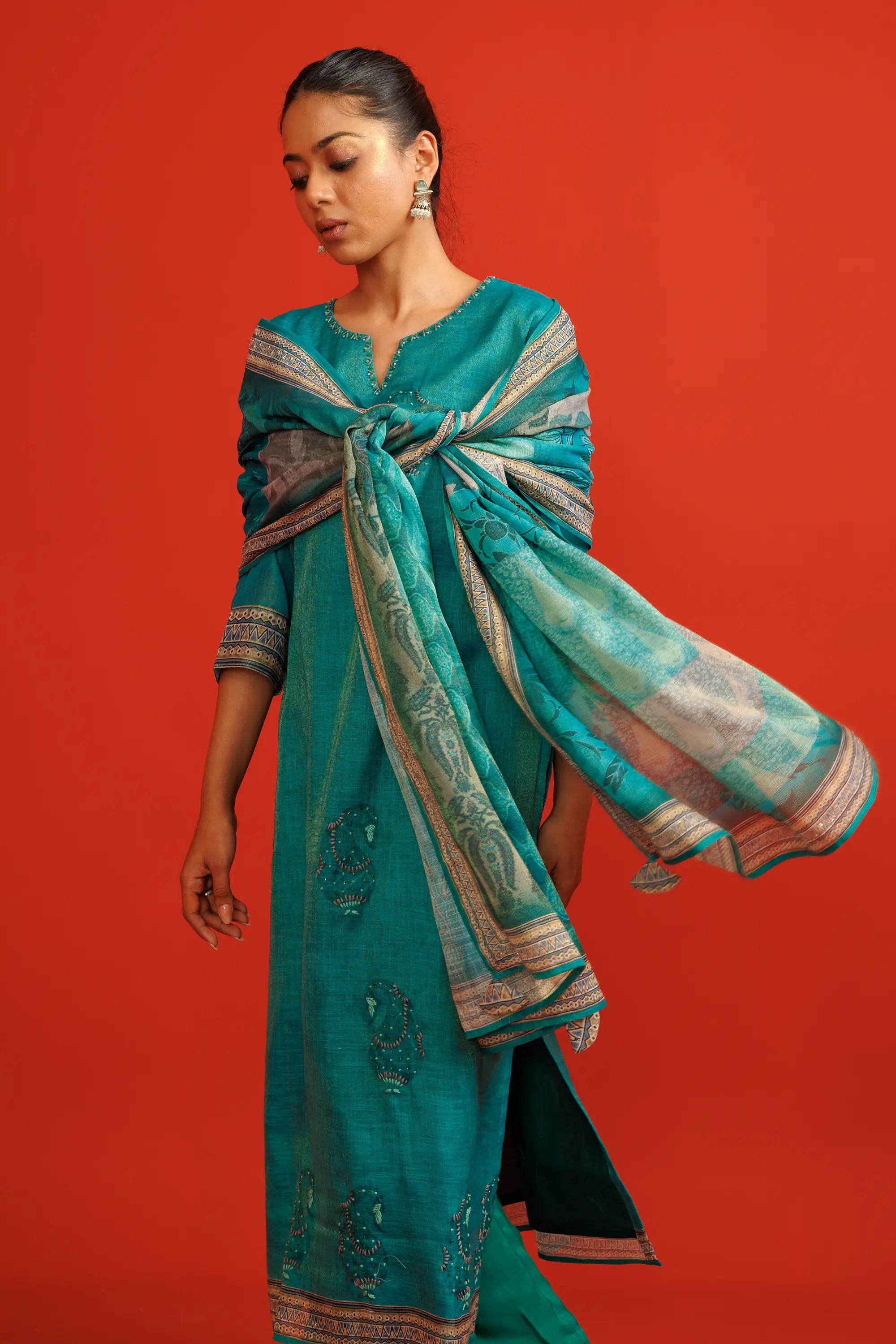 Teal Blue Linen Tissue Kurta Suit Set