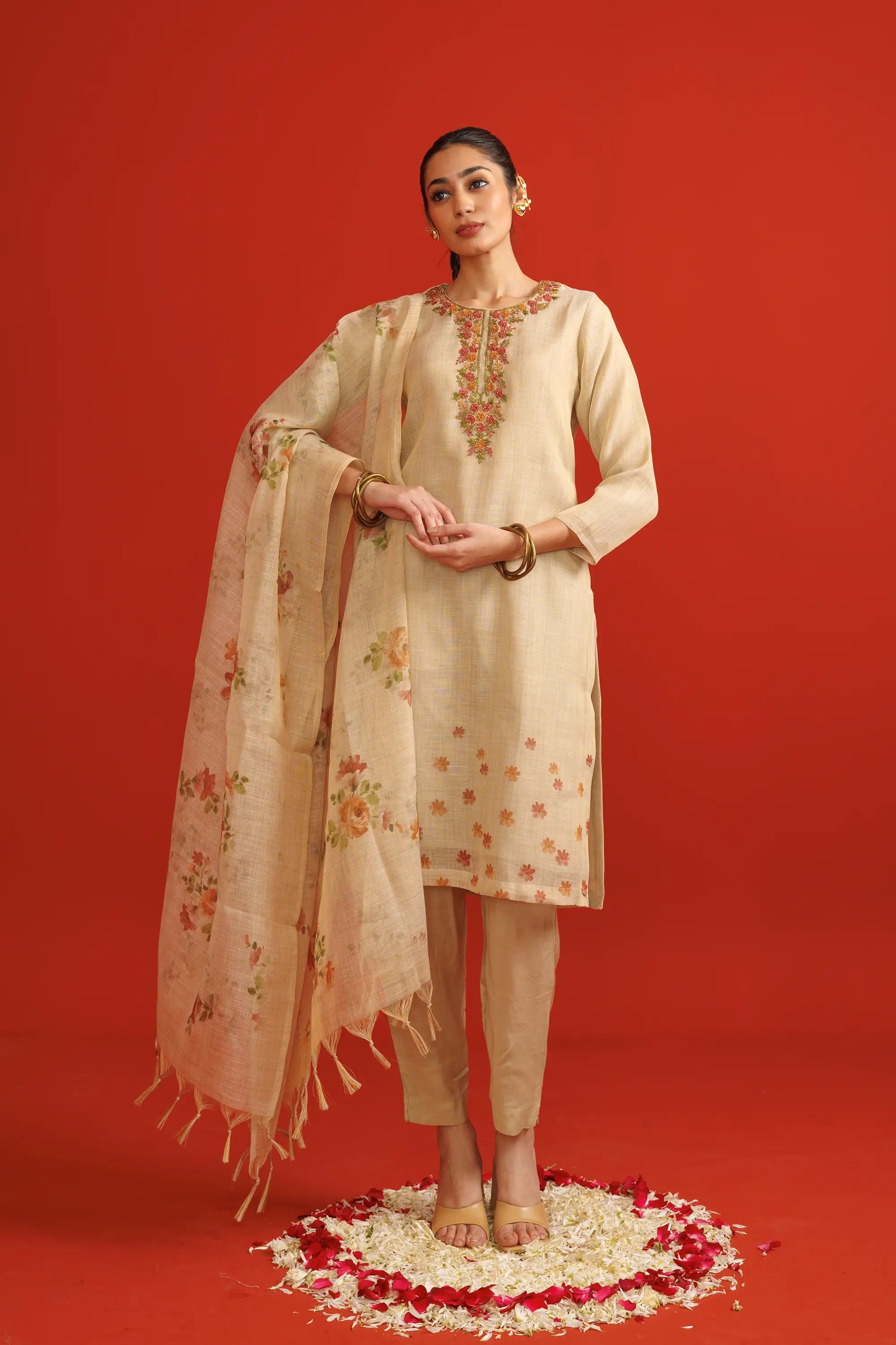 Beige Linen Tissue Kurta Suit Set with Thread Work Detailing