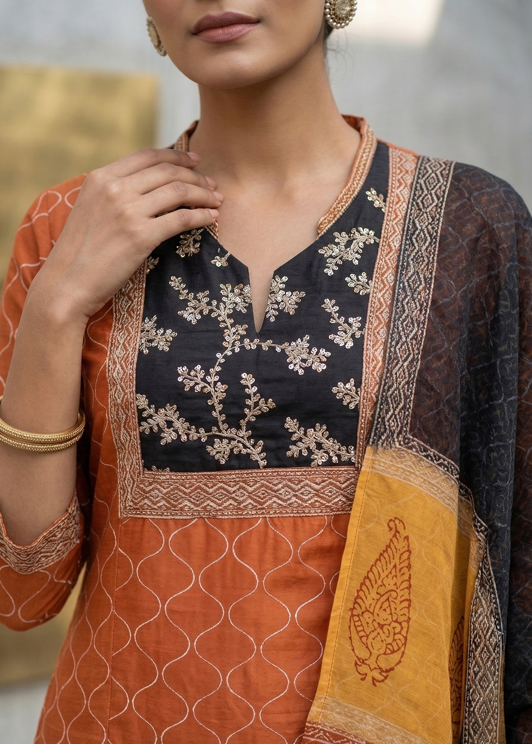 Mustered Chanderi Straight Suit Set