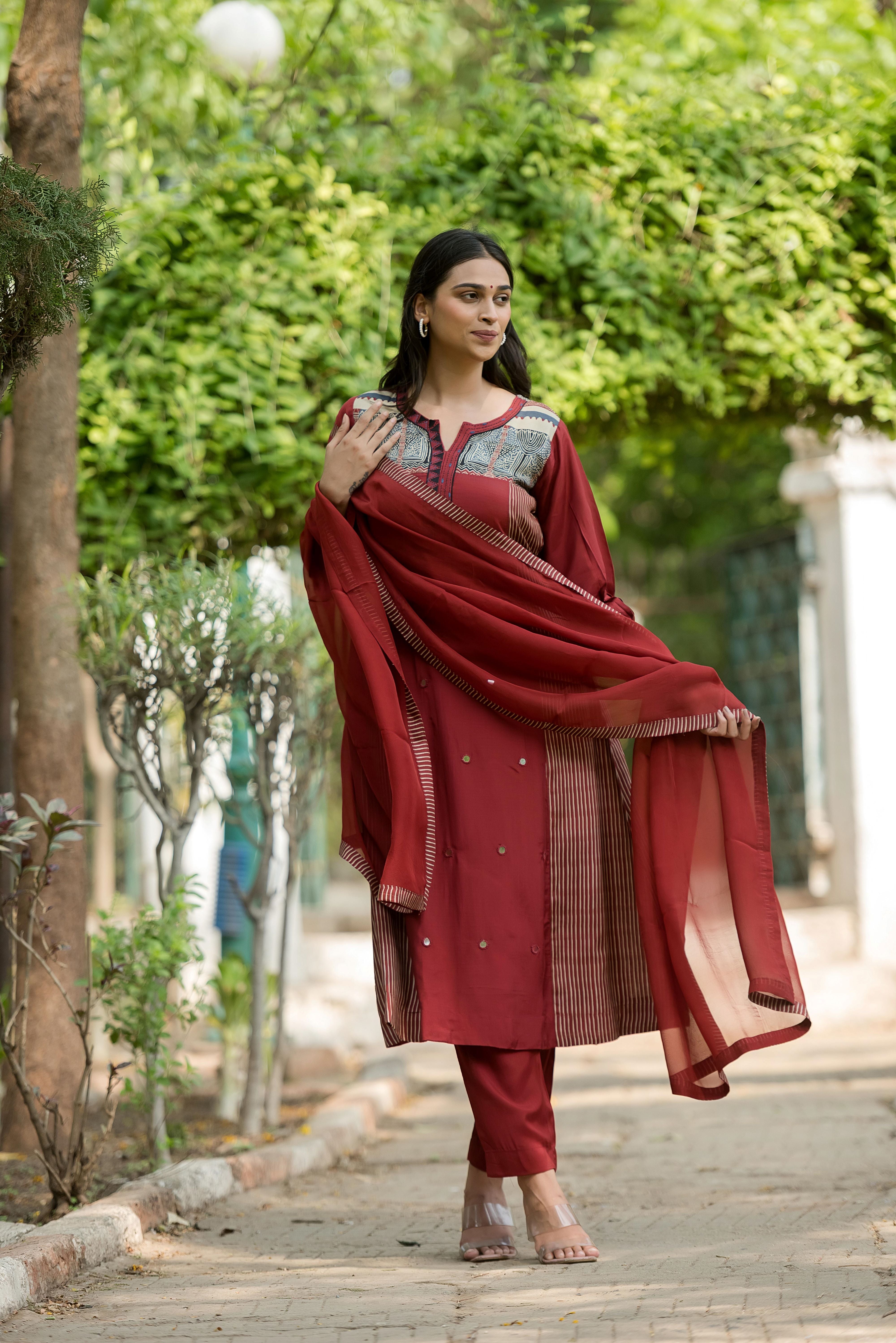 Rust Muslin A-line Salwar Suit