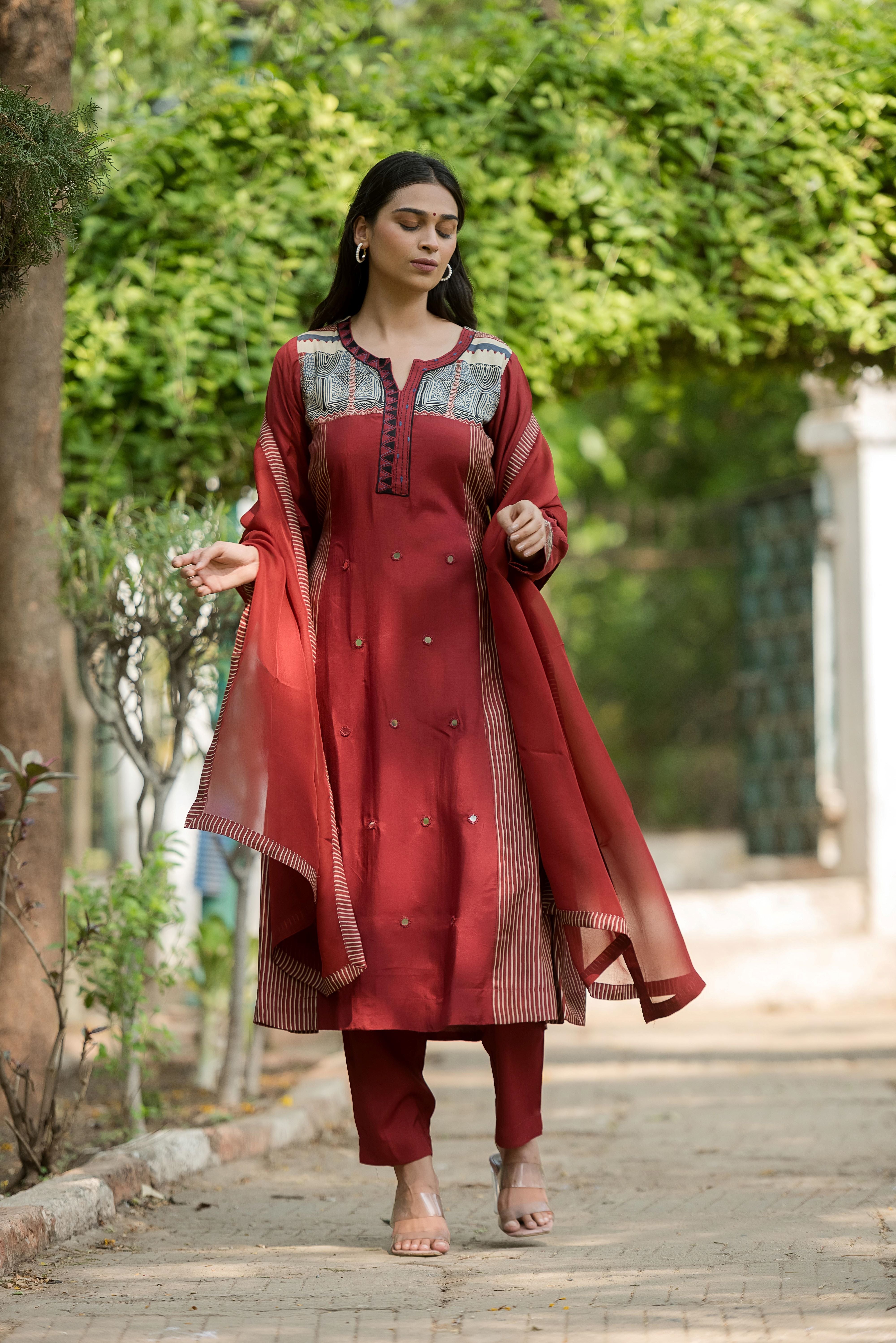 Rust Muslin A-line Salwar Suit