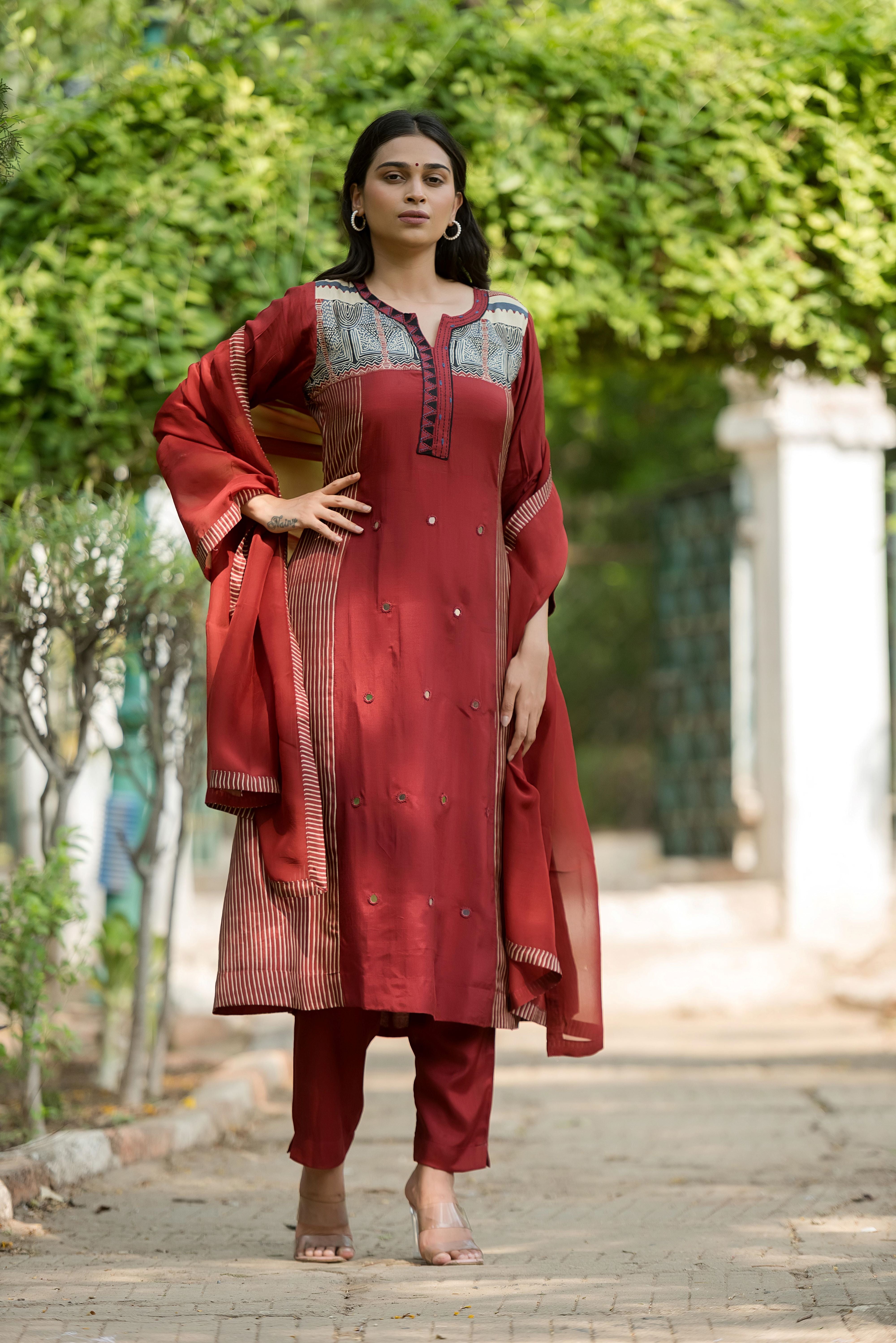 Rust Muslin A-line Salwar Suit