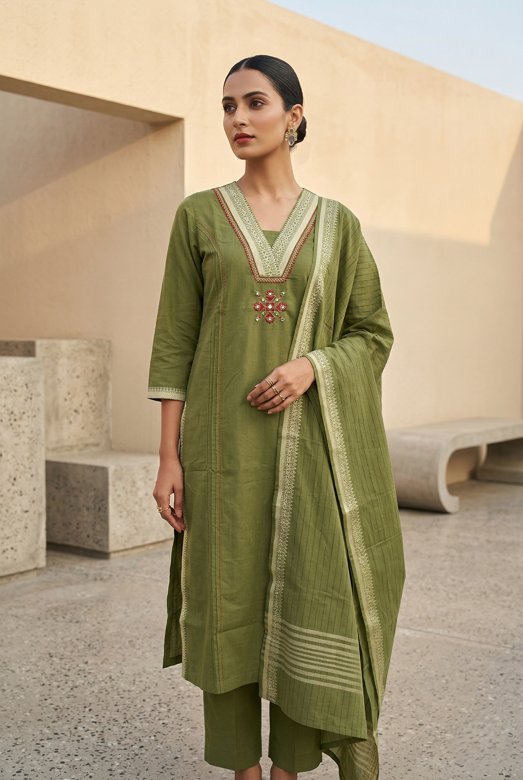 Green Straight Cotton Suit