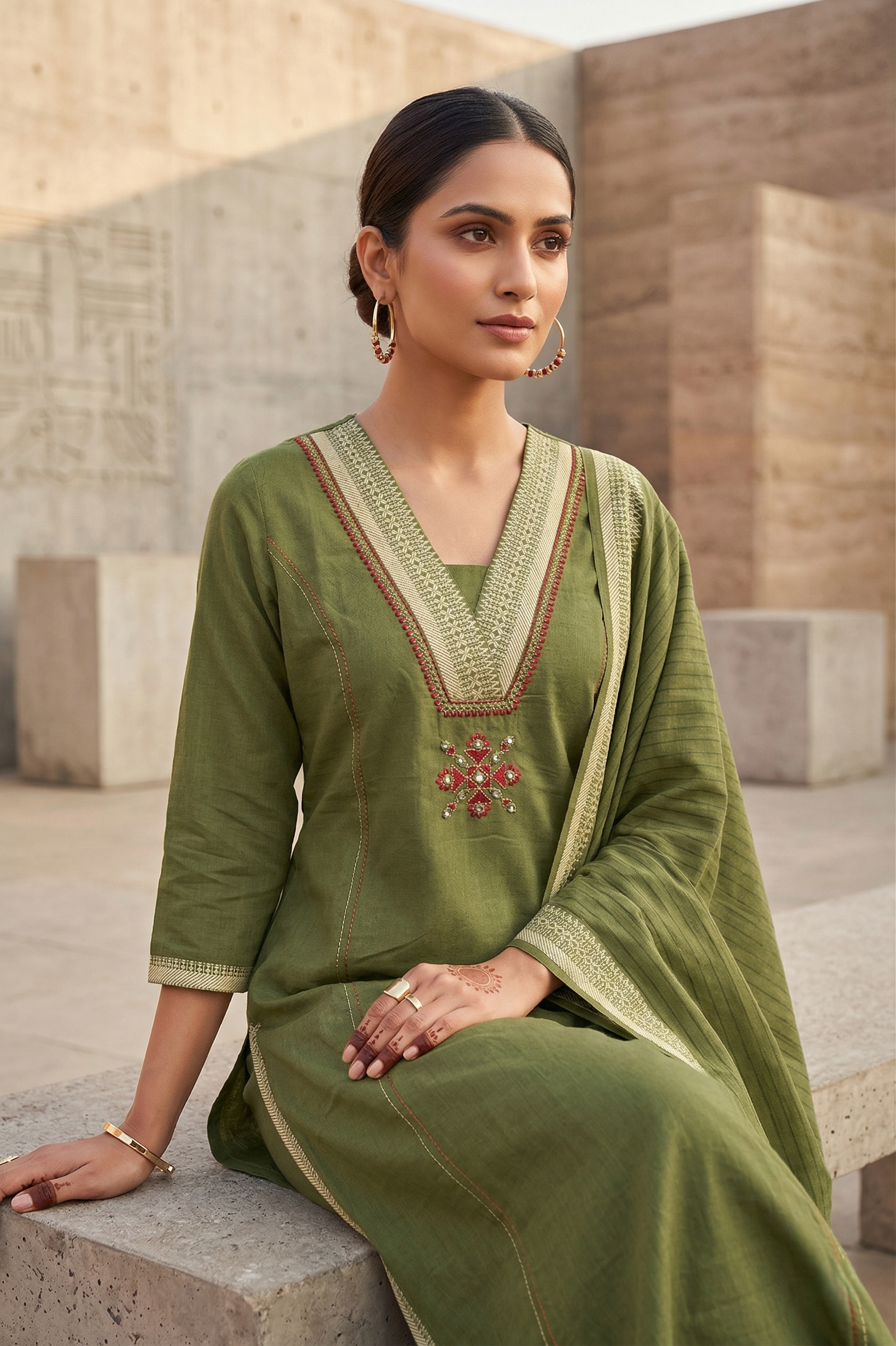 Green Straight Cotton Suit