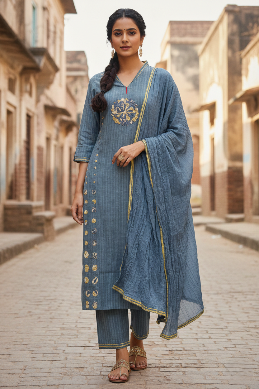 Blue Straight Cotton Salwar Suit Set