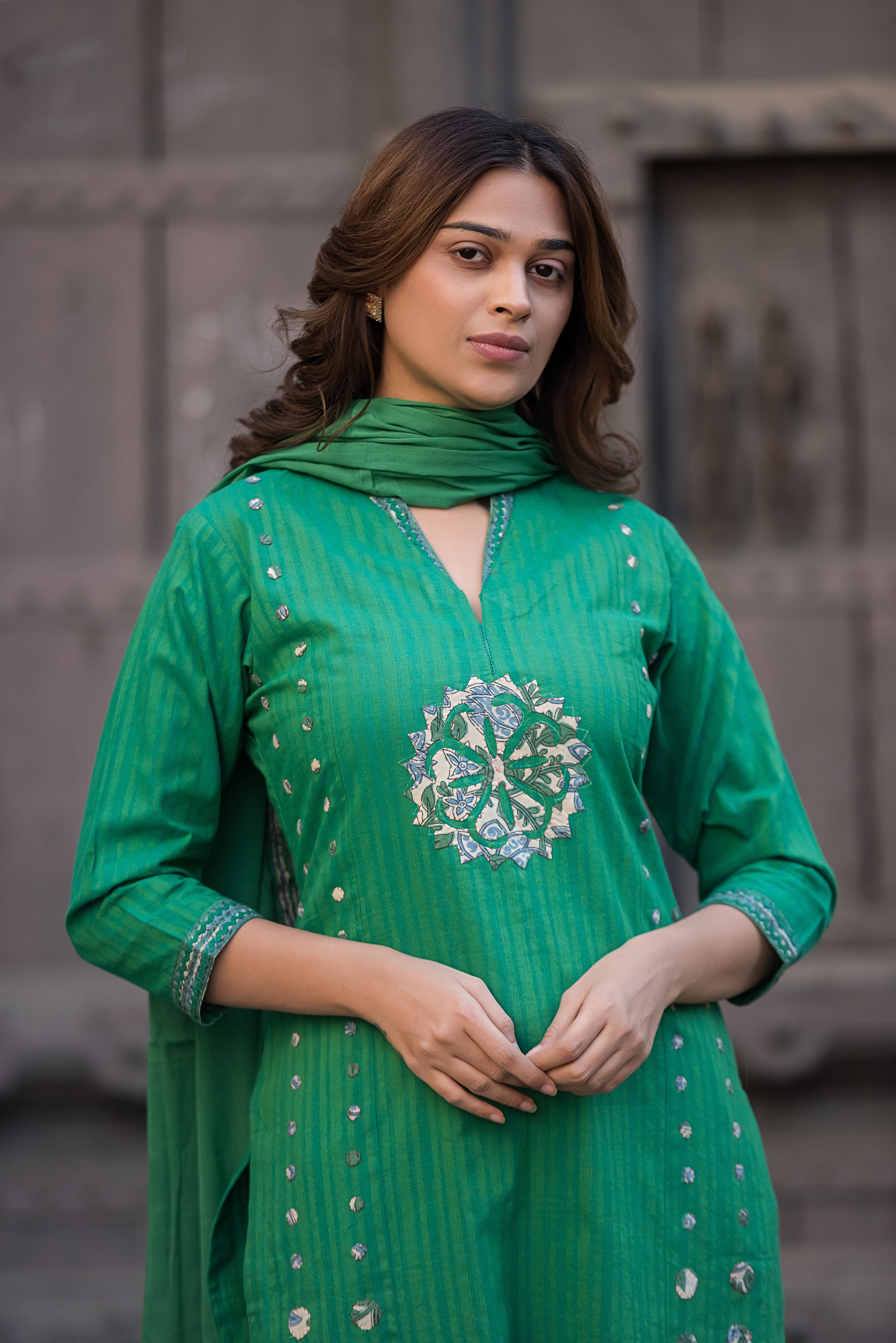 Green Straight Cotton Salwar Suit Set