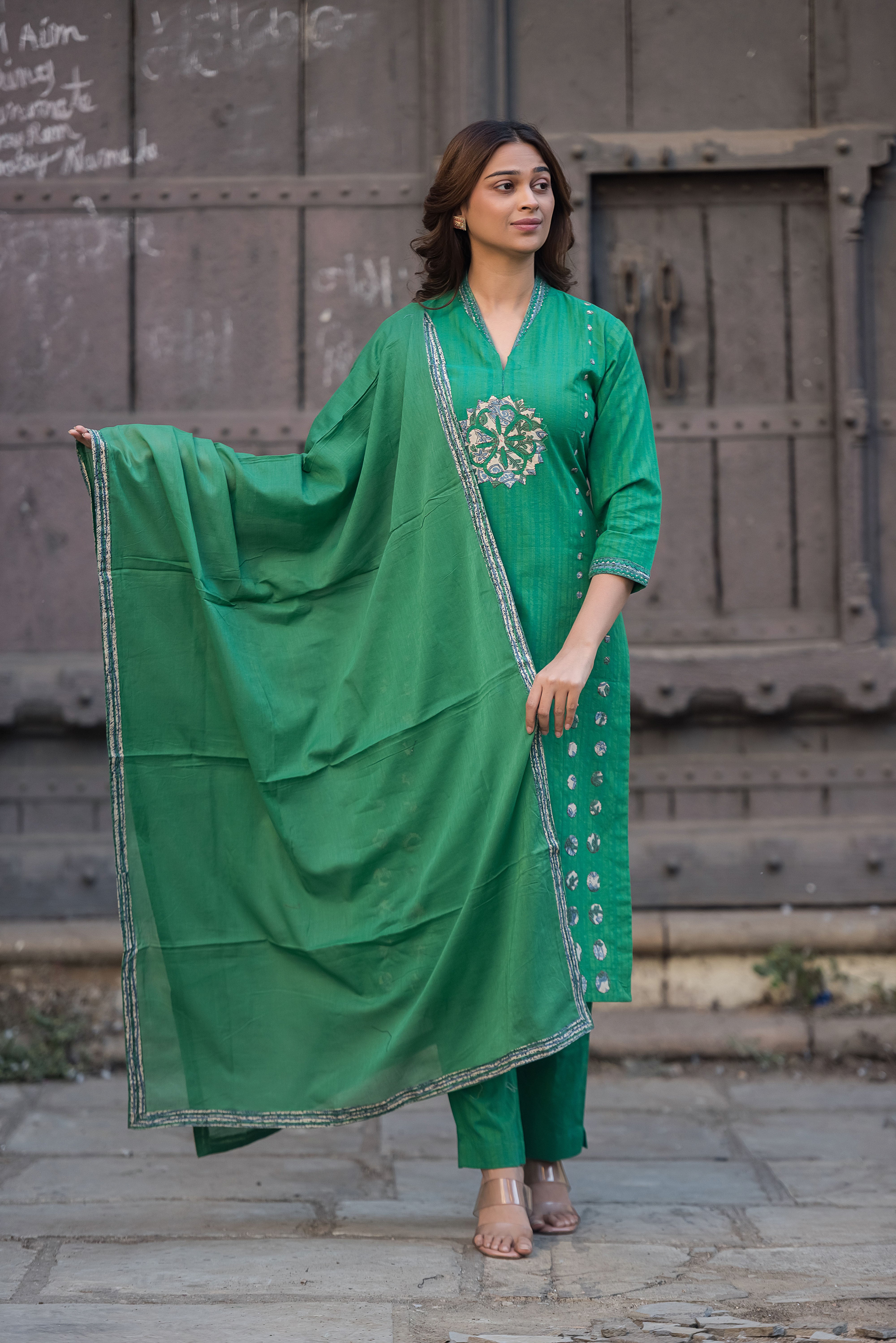 Green Straight Cotton Salwar Suit Set