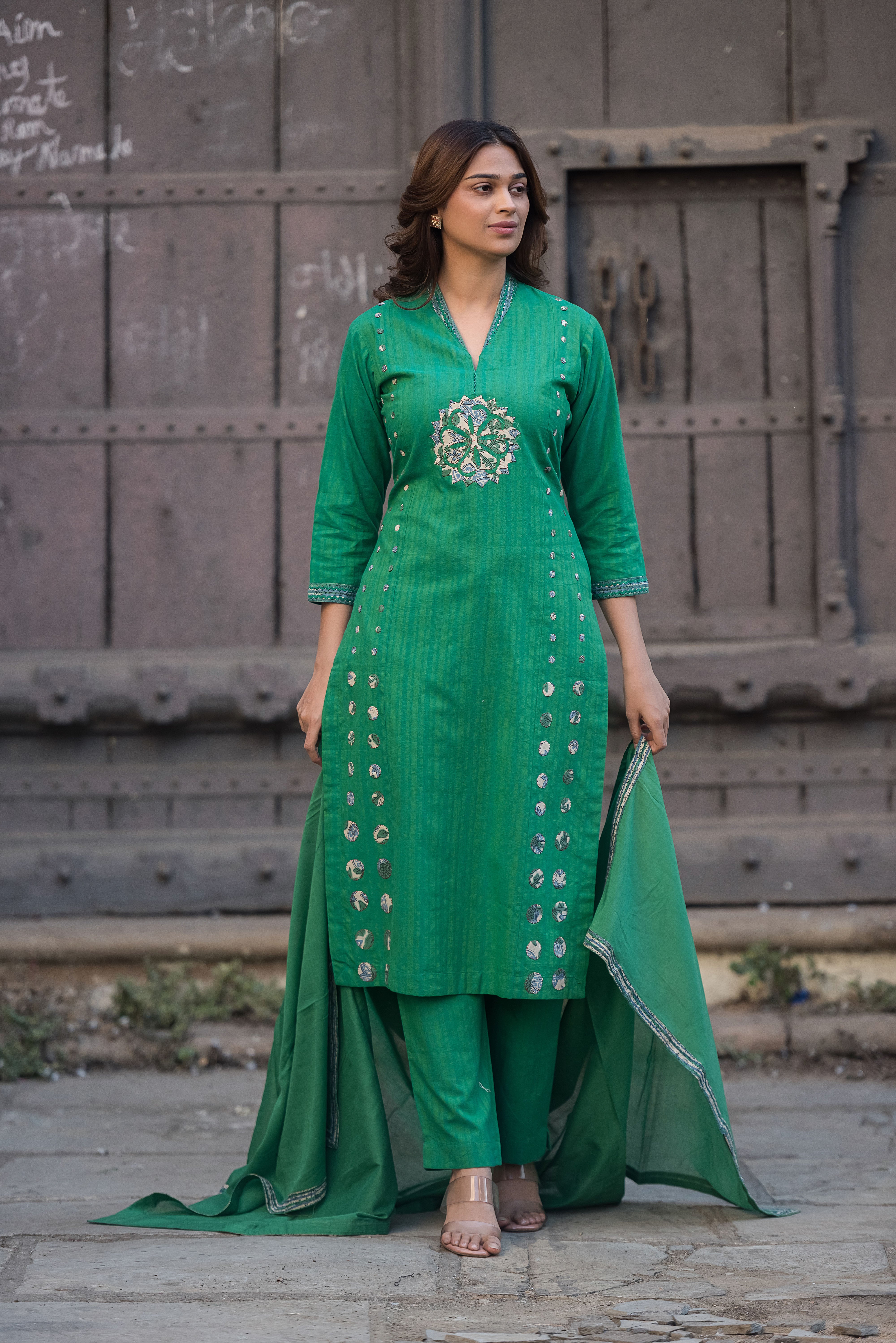 Green Straight Cotton Salwar Suit Set