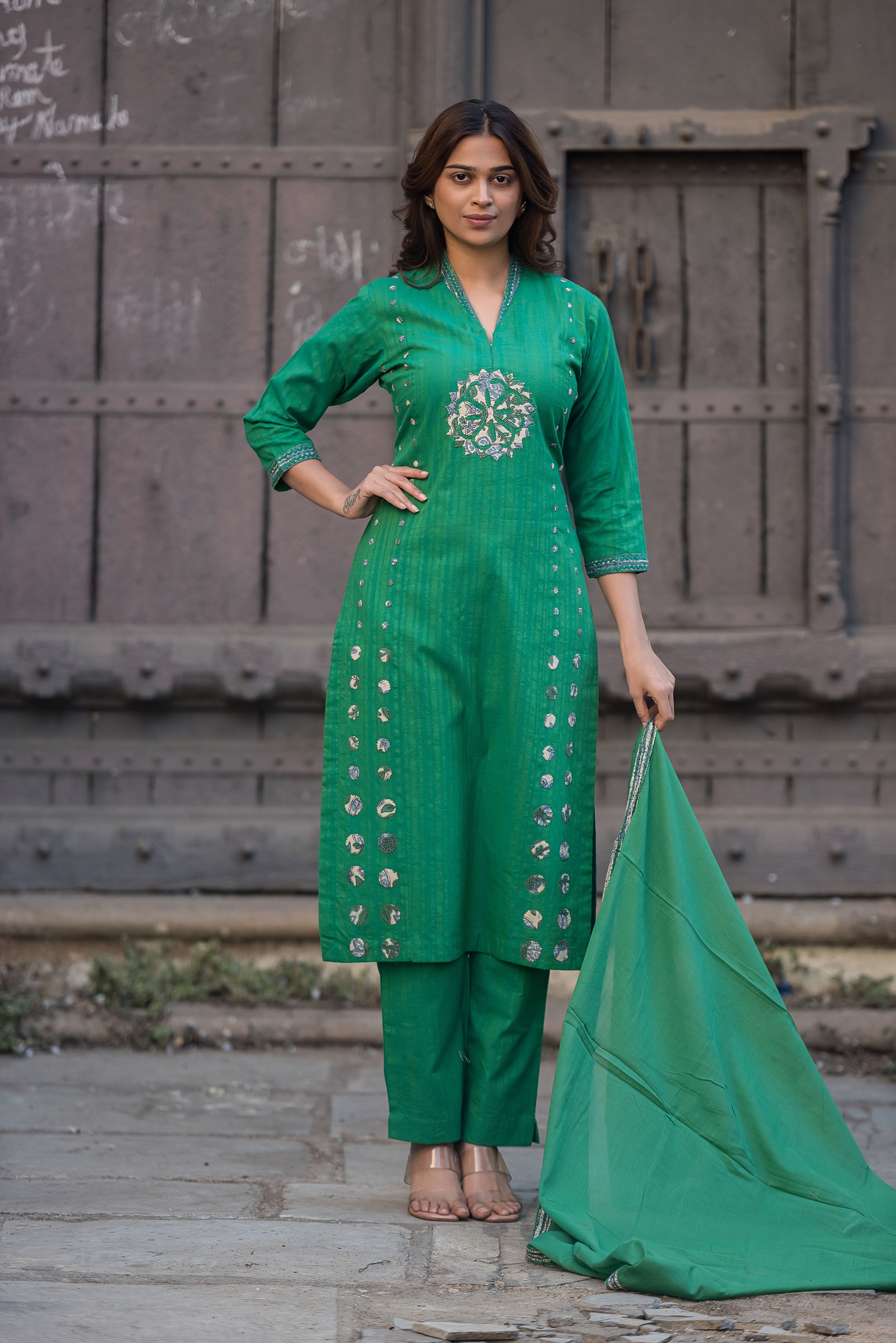 Green Straight Cotton Salwar Suit Set