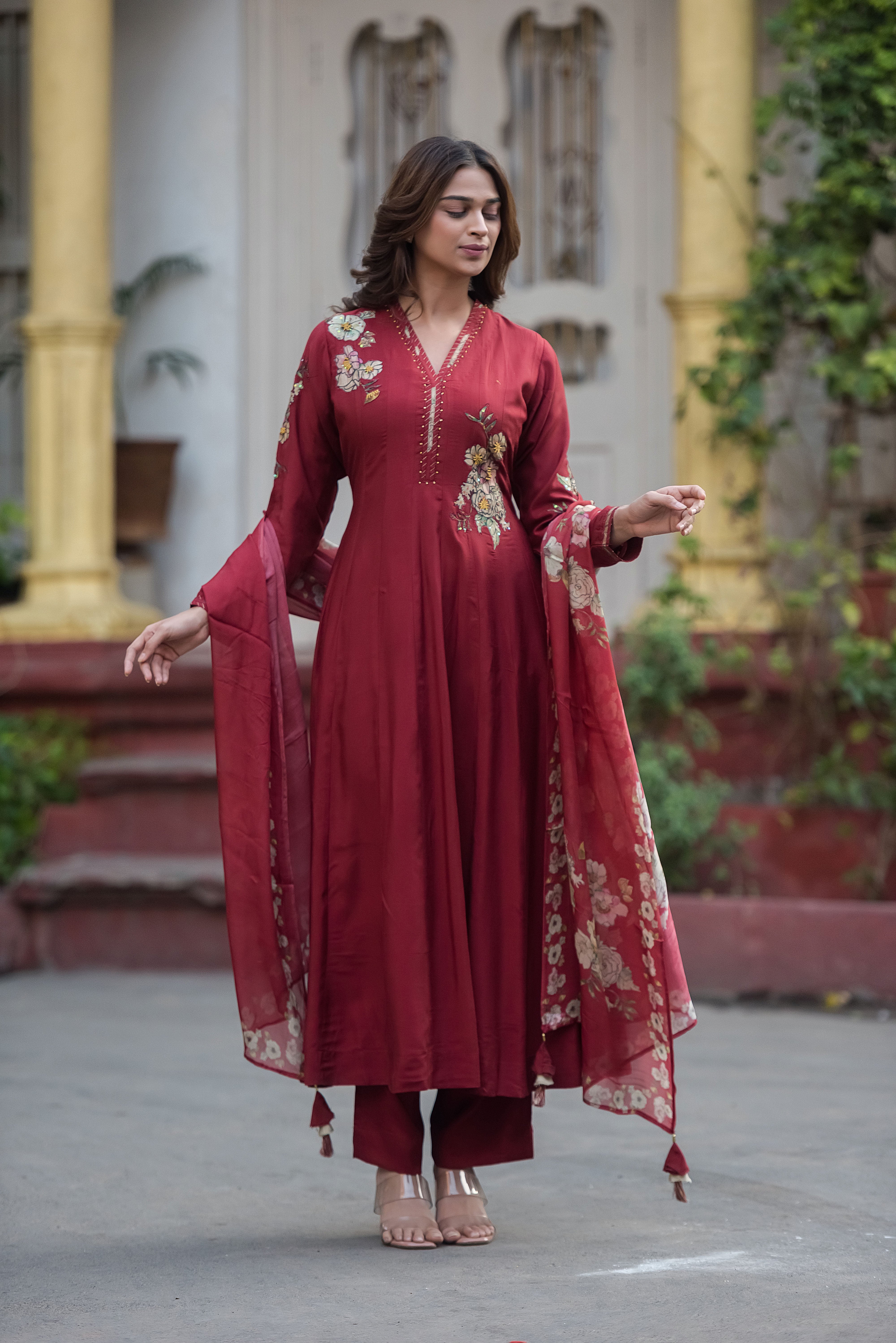 Red Flared Muslin Suit Set