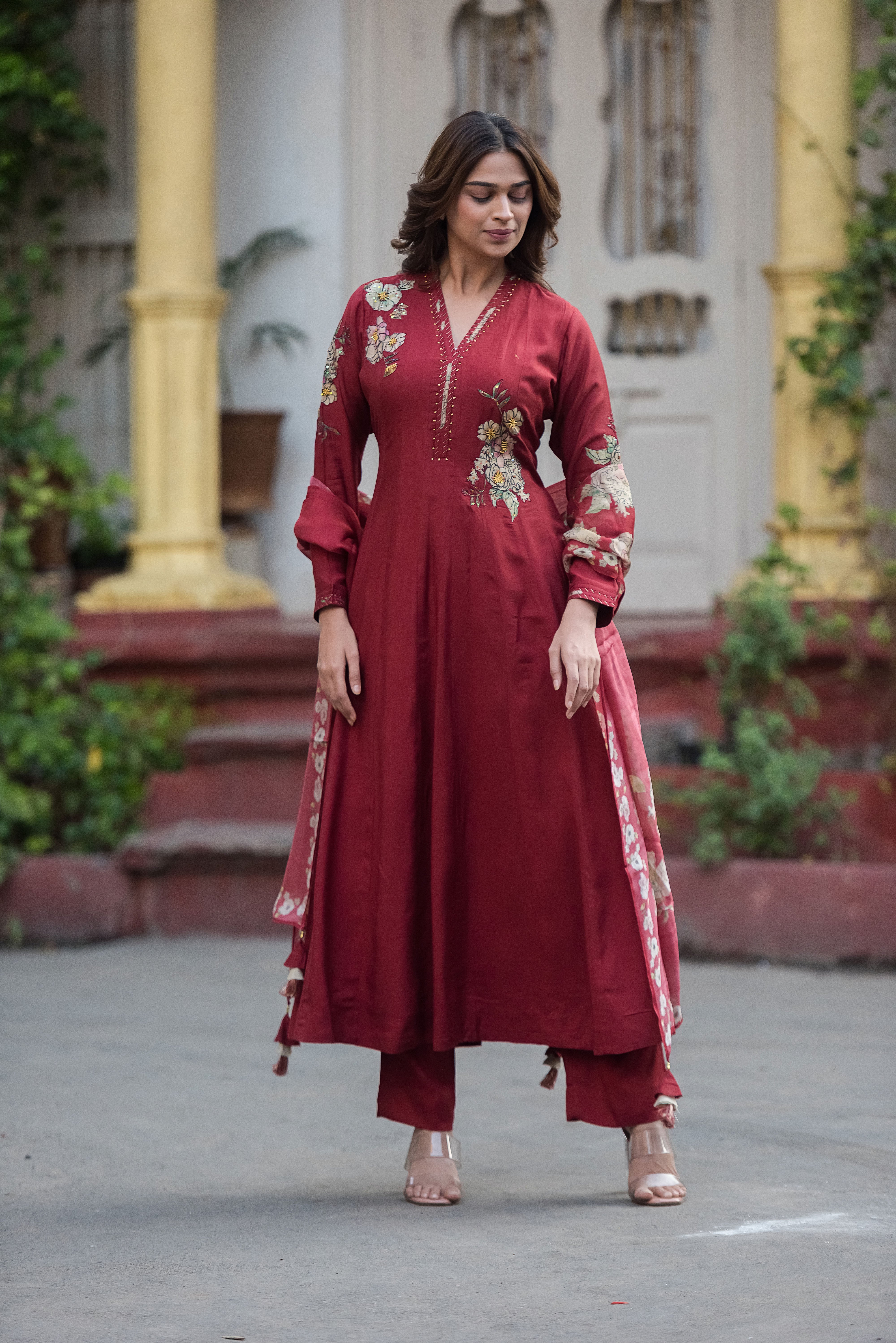 Red Flared Muslin Suit Set