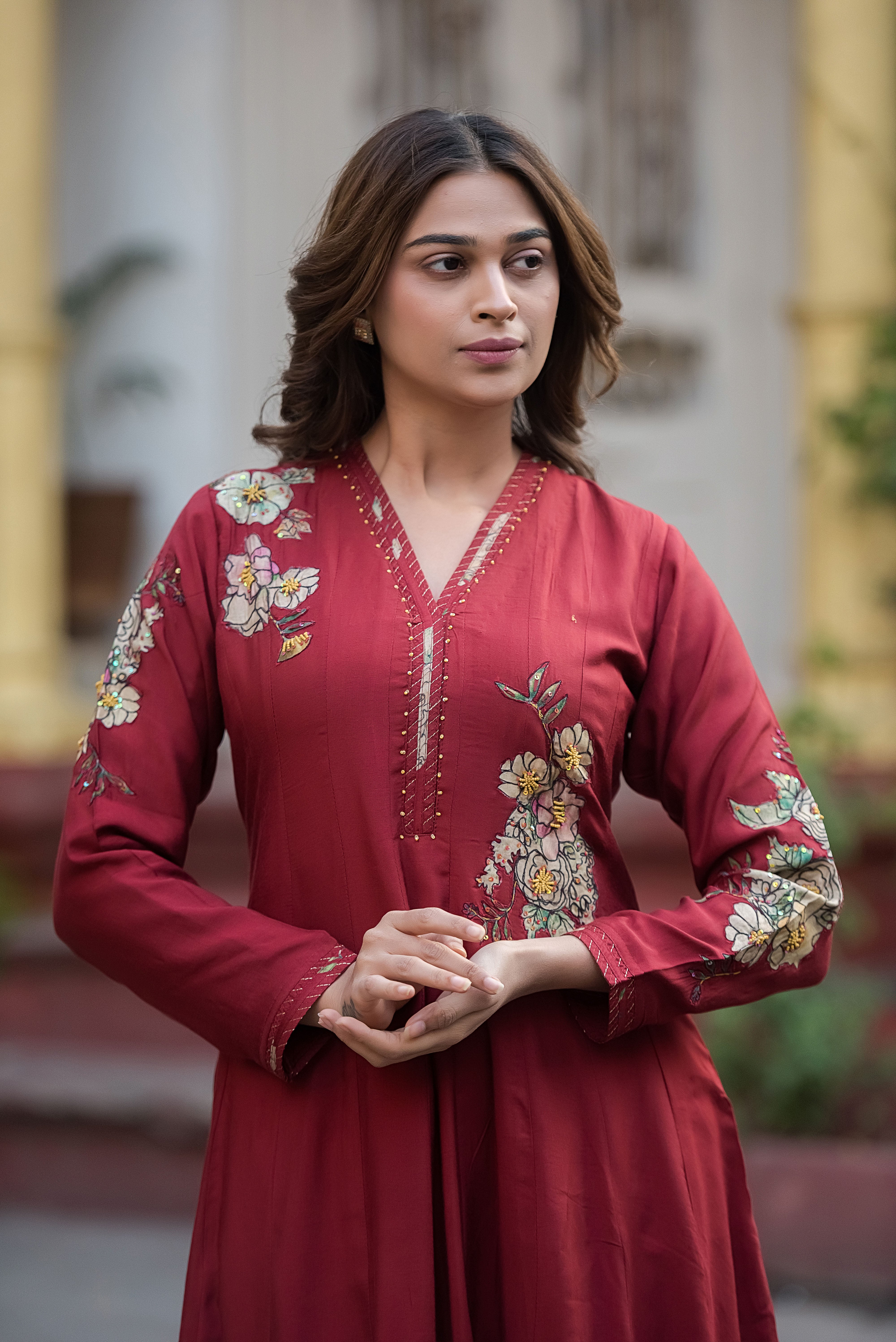 Red Flared Muslin Suit Set