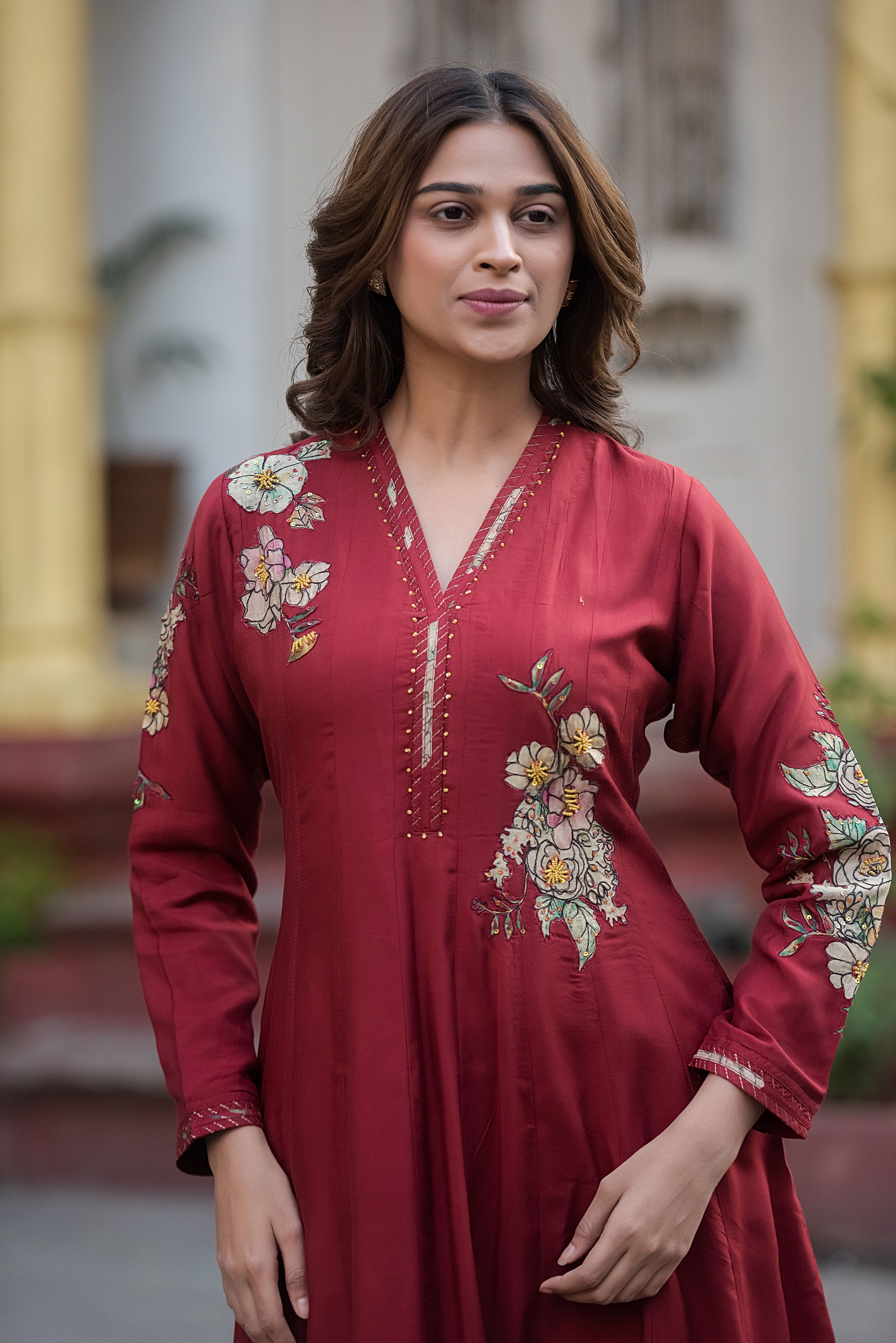 Red Flared Muslin Suit Set