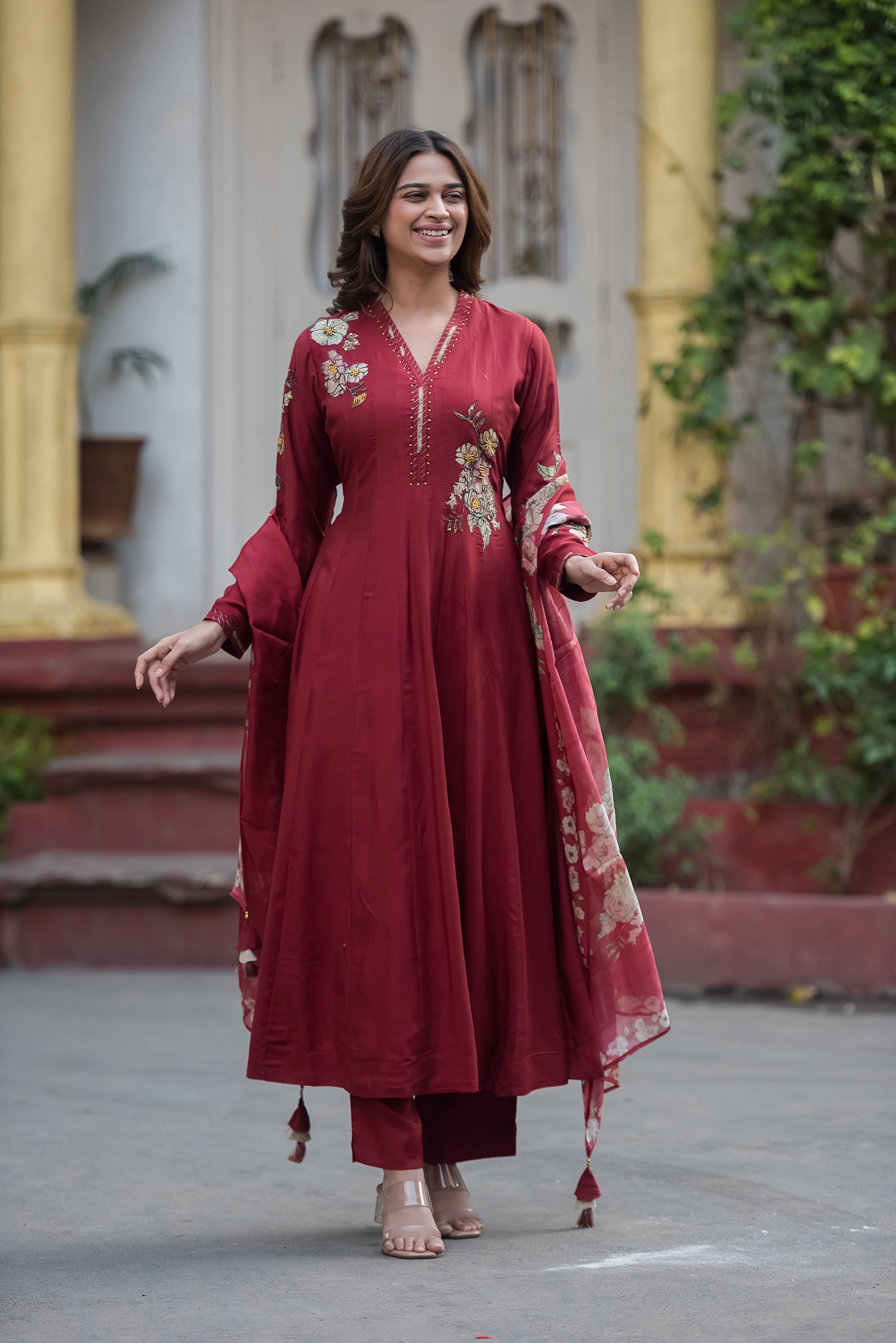 Red Flared Muslin Suit Set