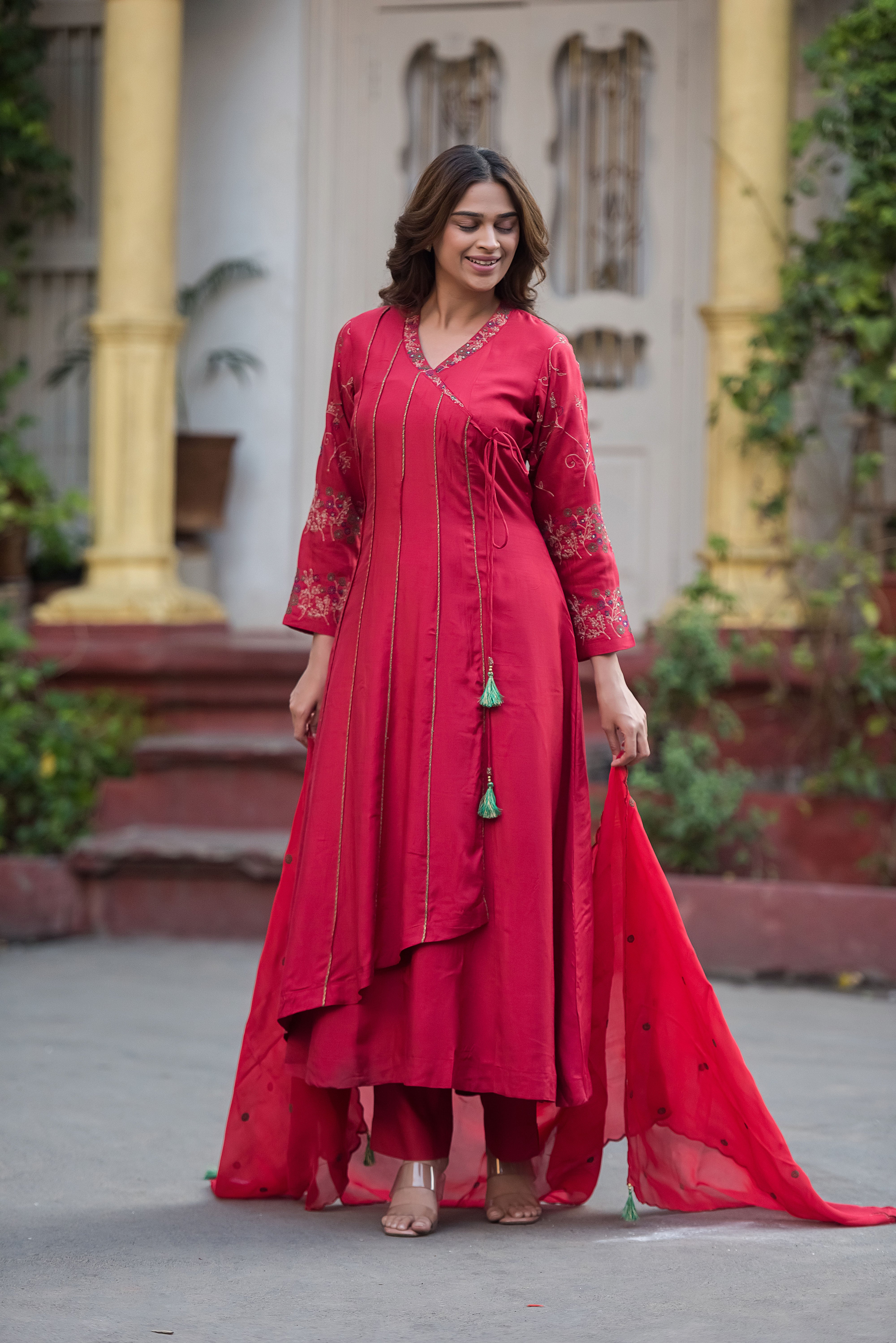 Red Flared Muslin Suit Set