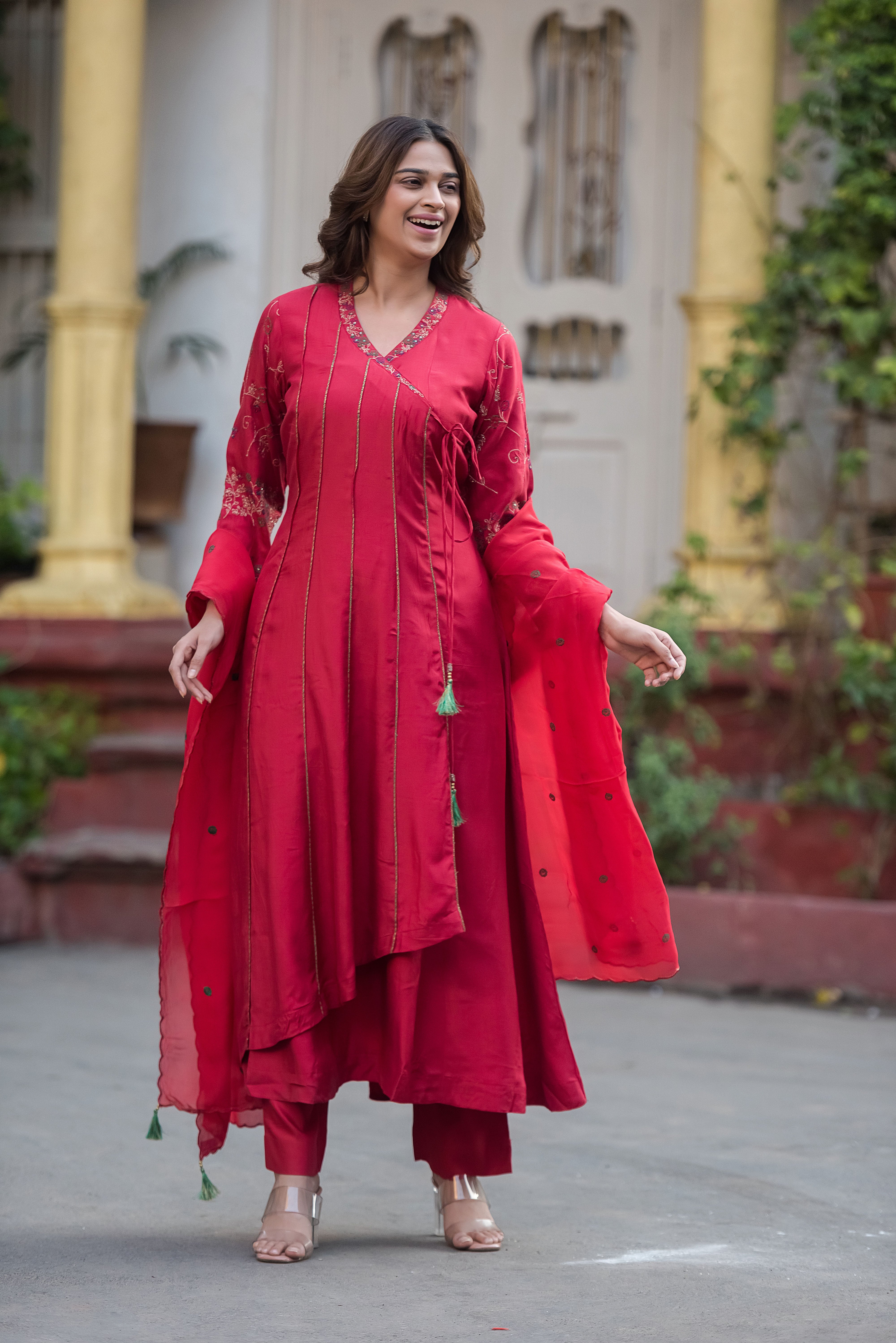 Red Flared Muslin Suit Set