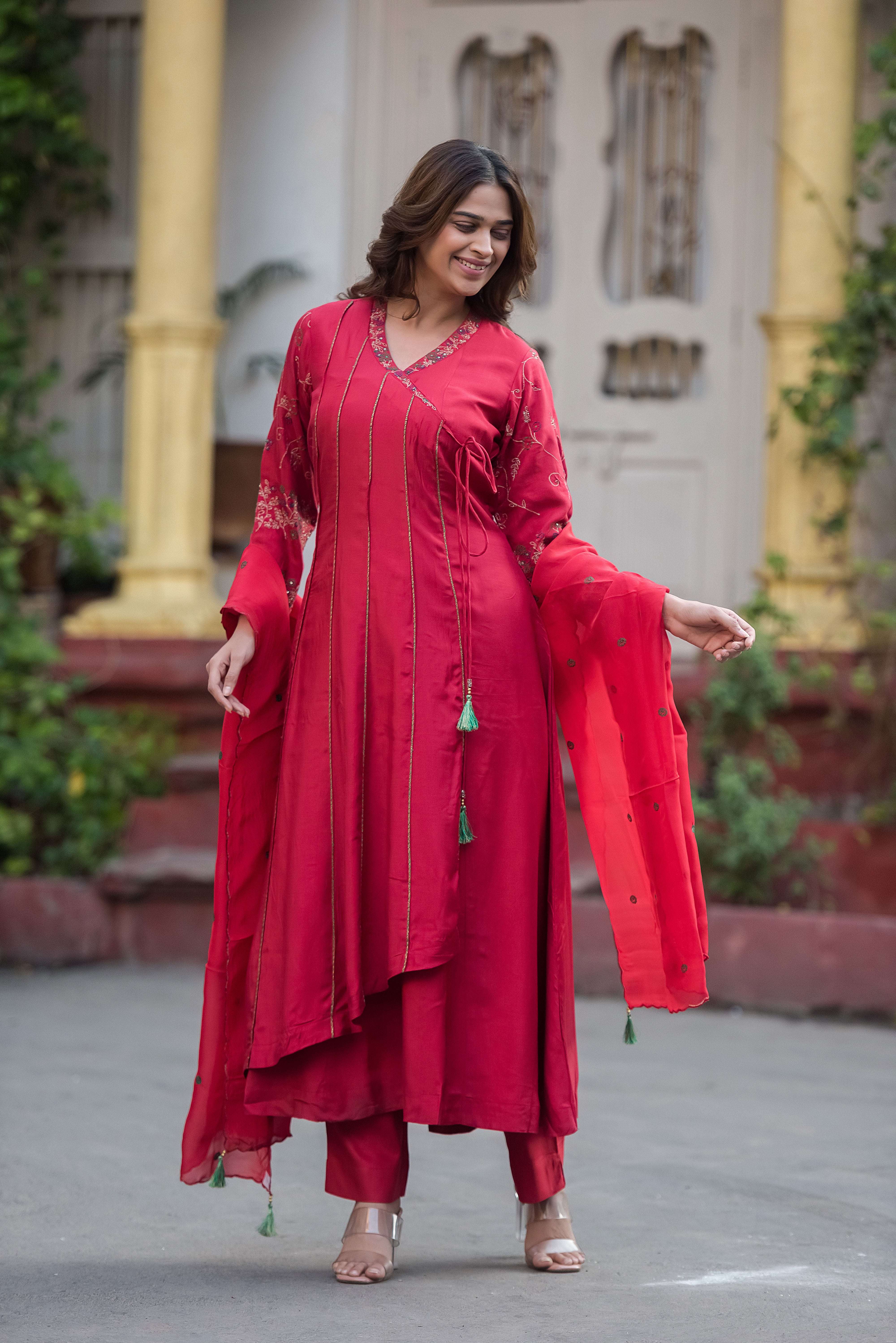 Red Flared Muslin Suit Set