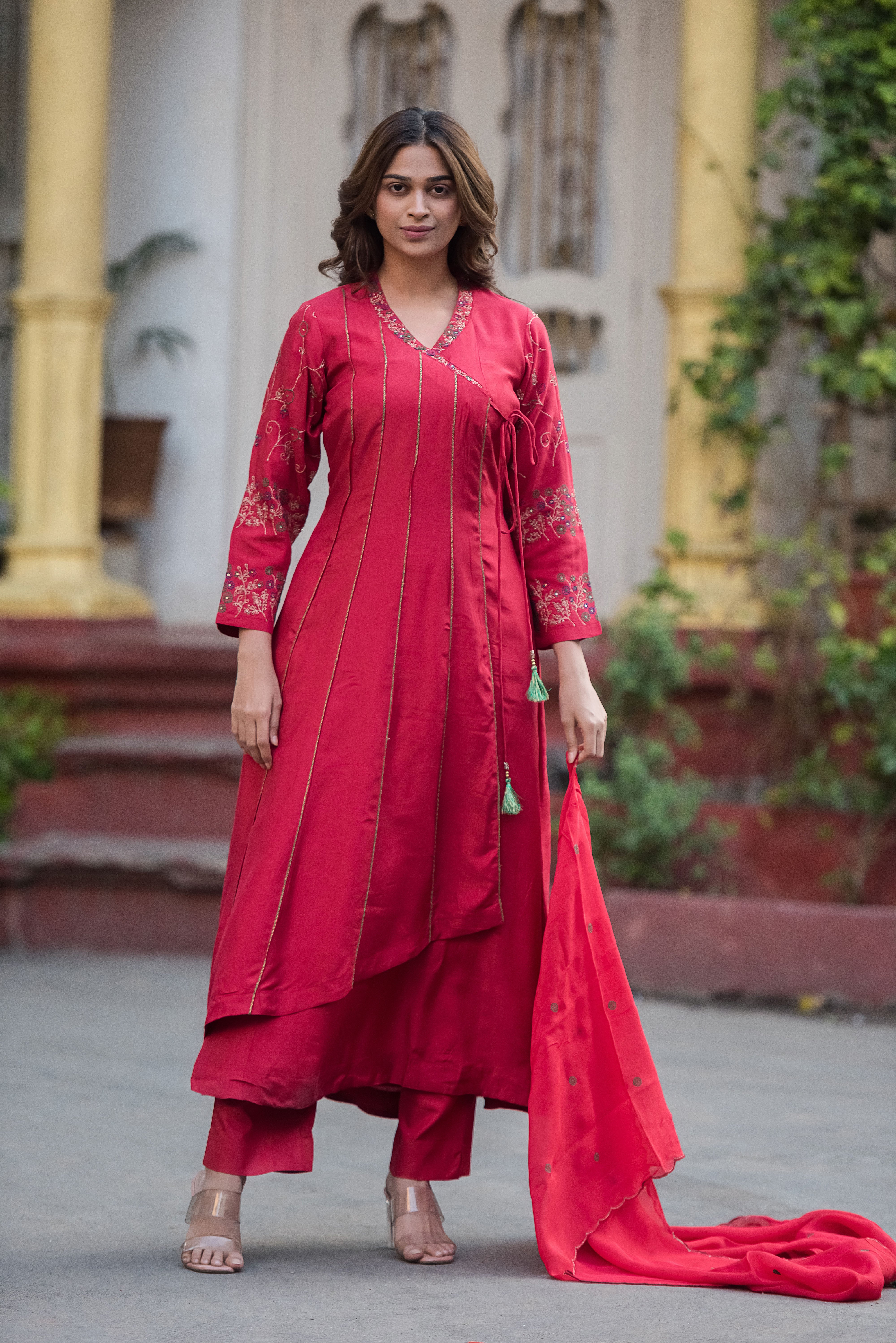 Red Flared Muslin Suit Set