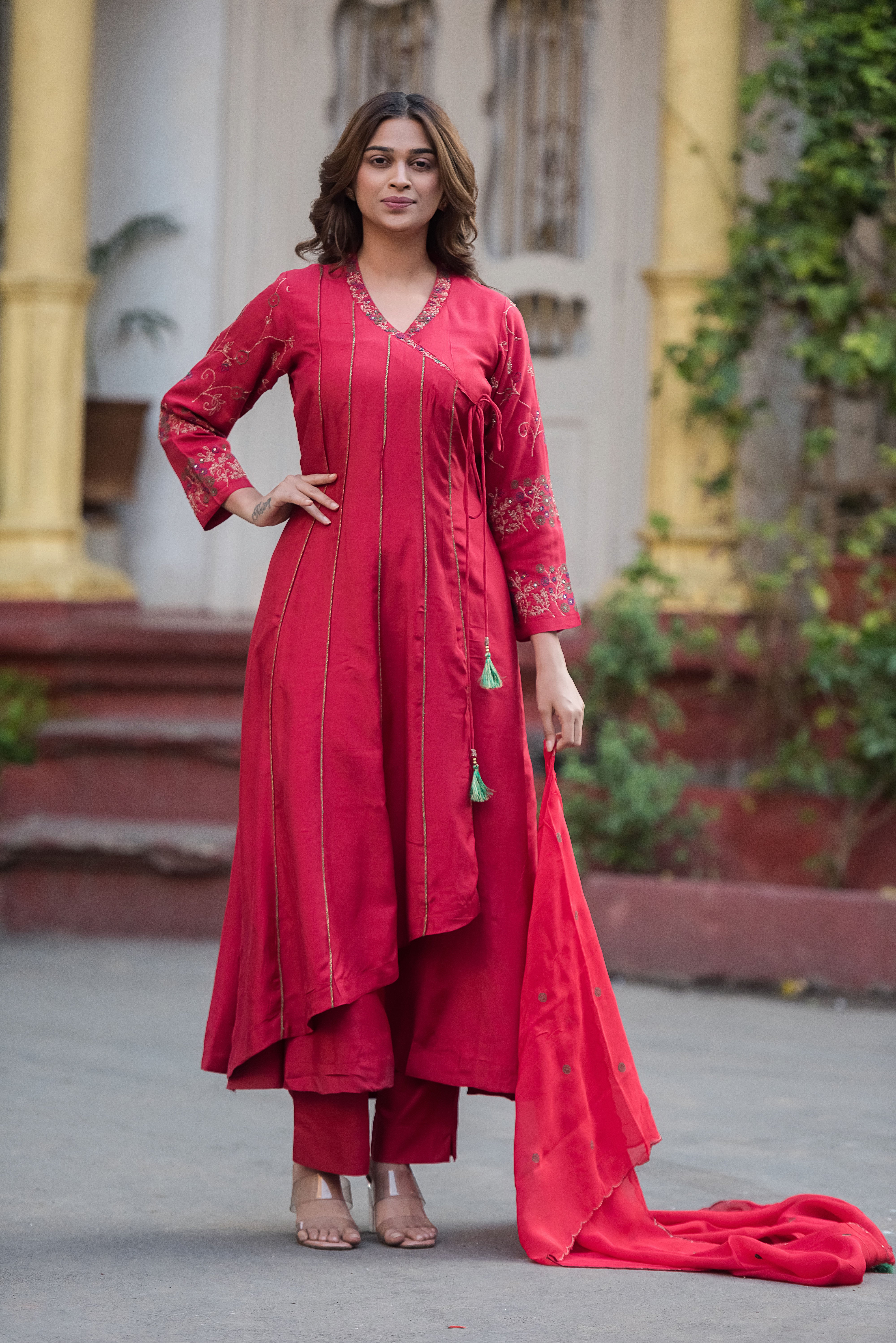 Red Flared Muslin Suit Set
