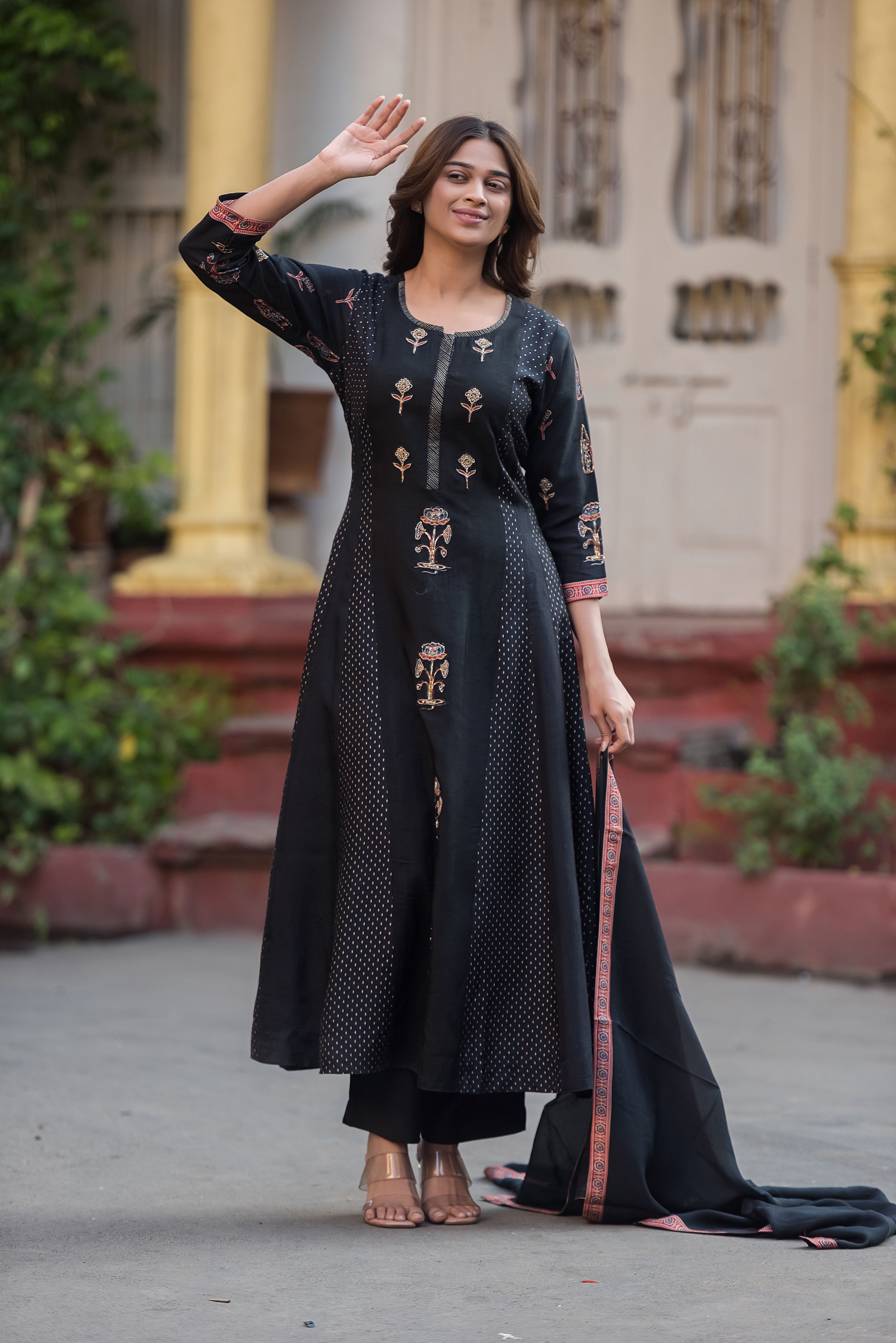 Rich Dola Silk Black Flared Suit Set