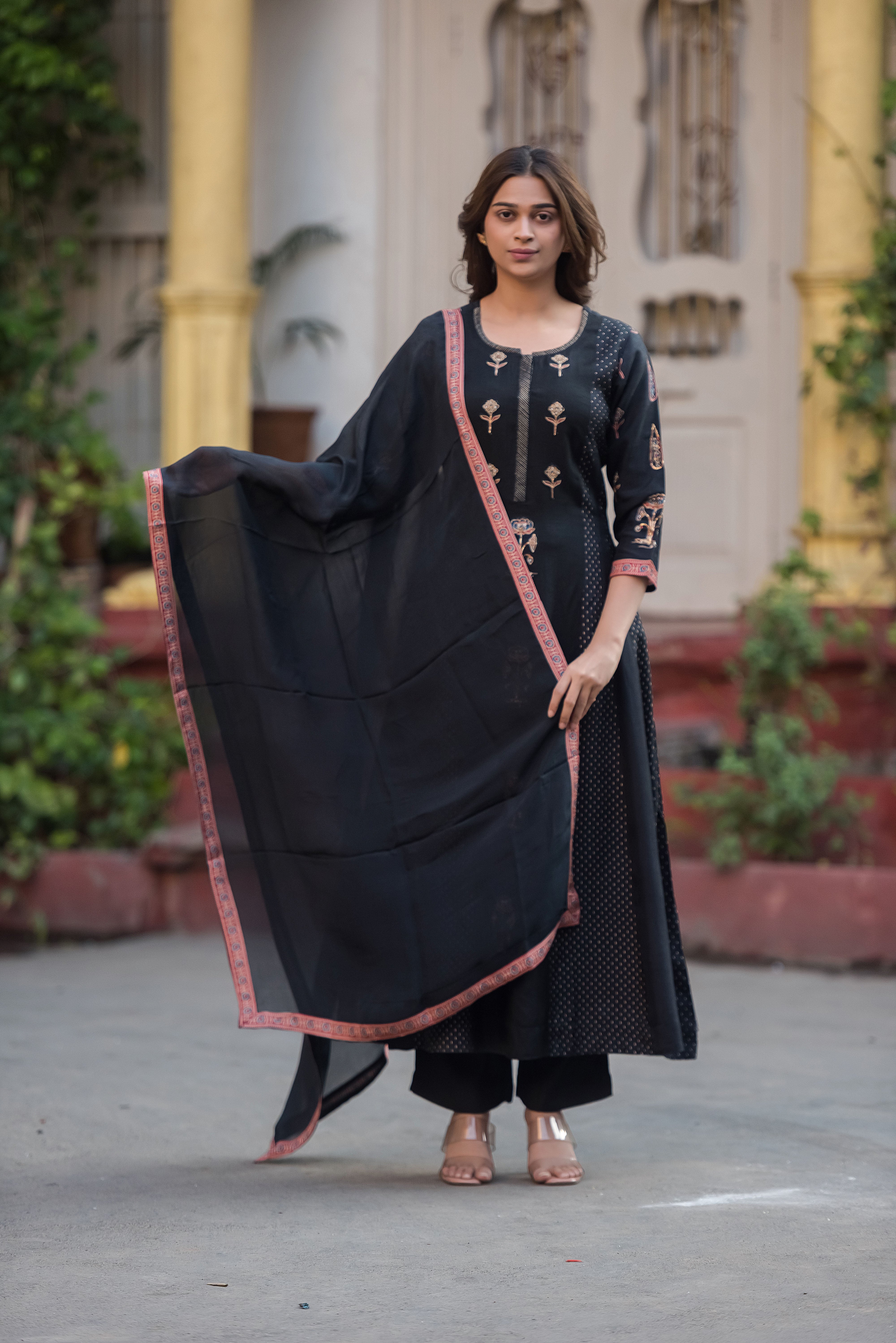 Rich Dola Silk Black Flared Suit Set