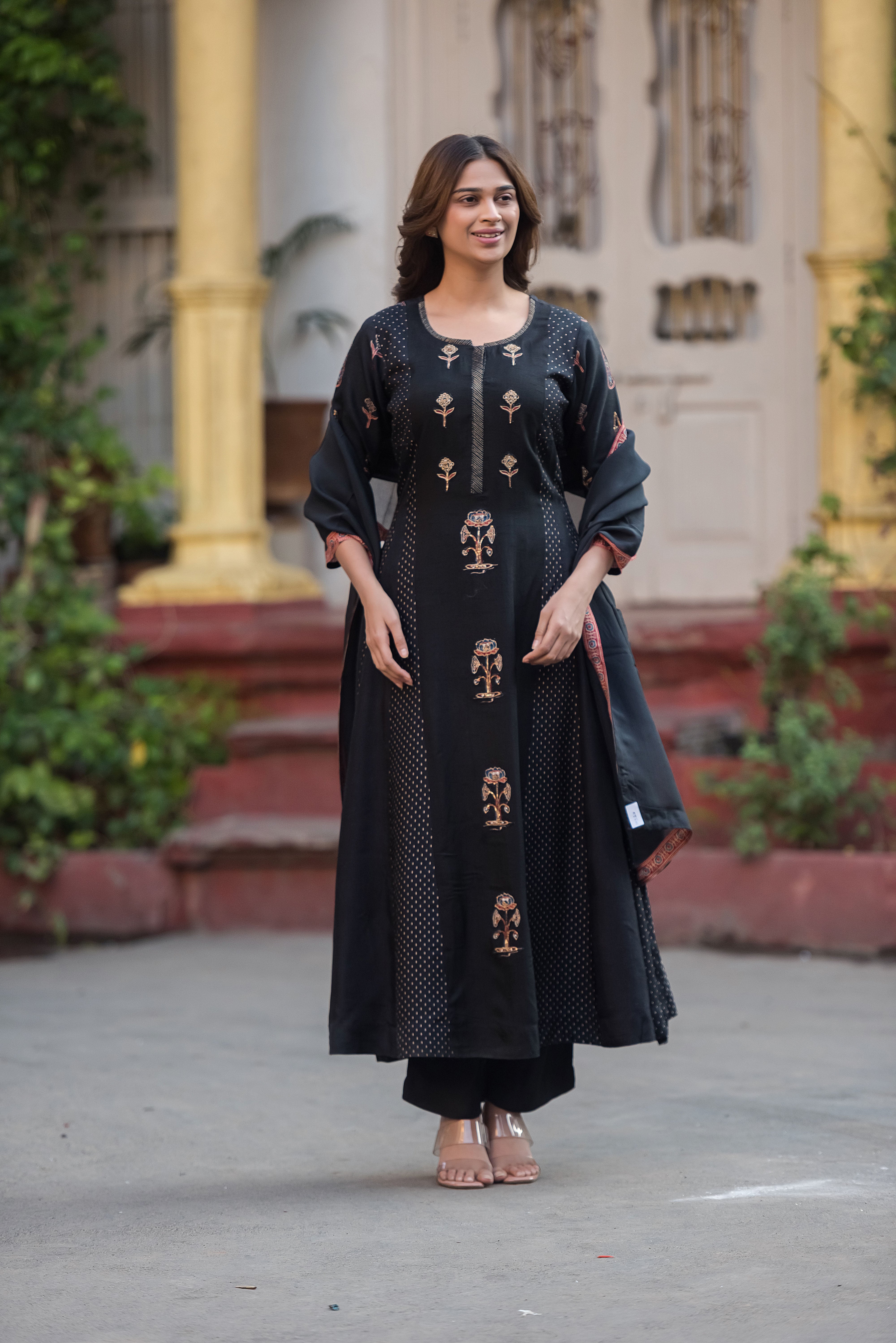 Rich Dola Silk Black Flared Suit Set