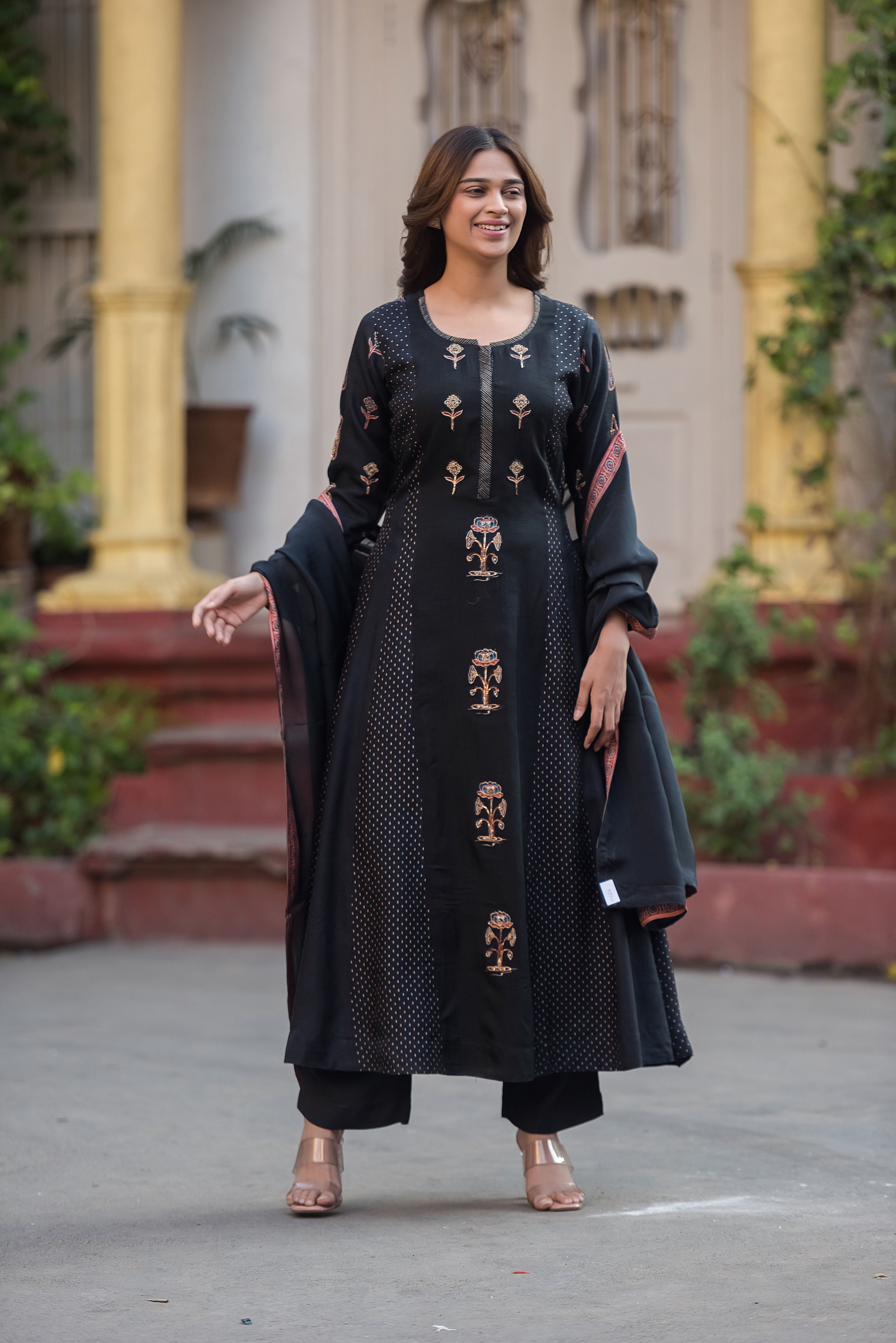 Rich Dola Silk Black Flared Suit Set