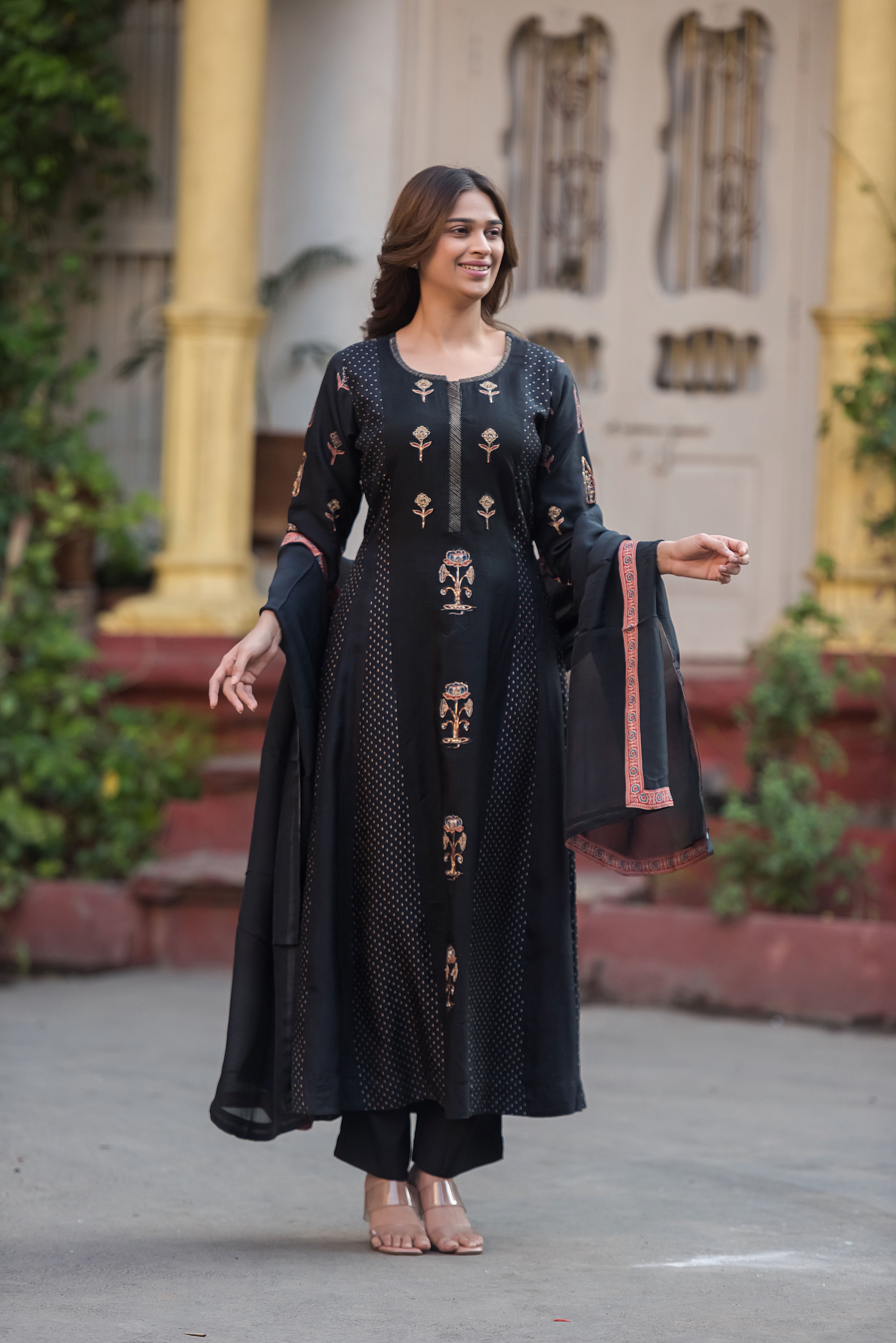 Rich Dola Silk Black Flared Suit Set