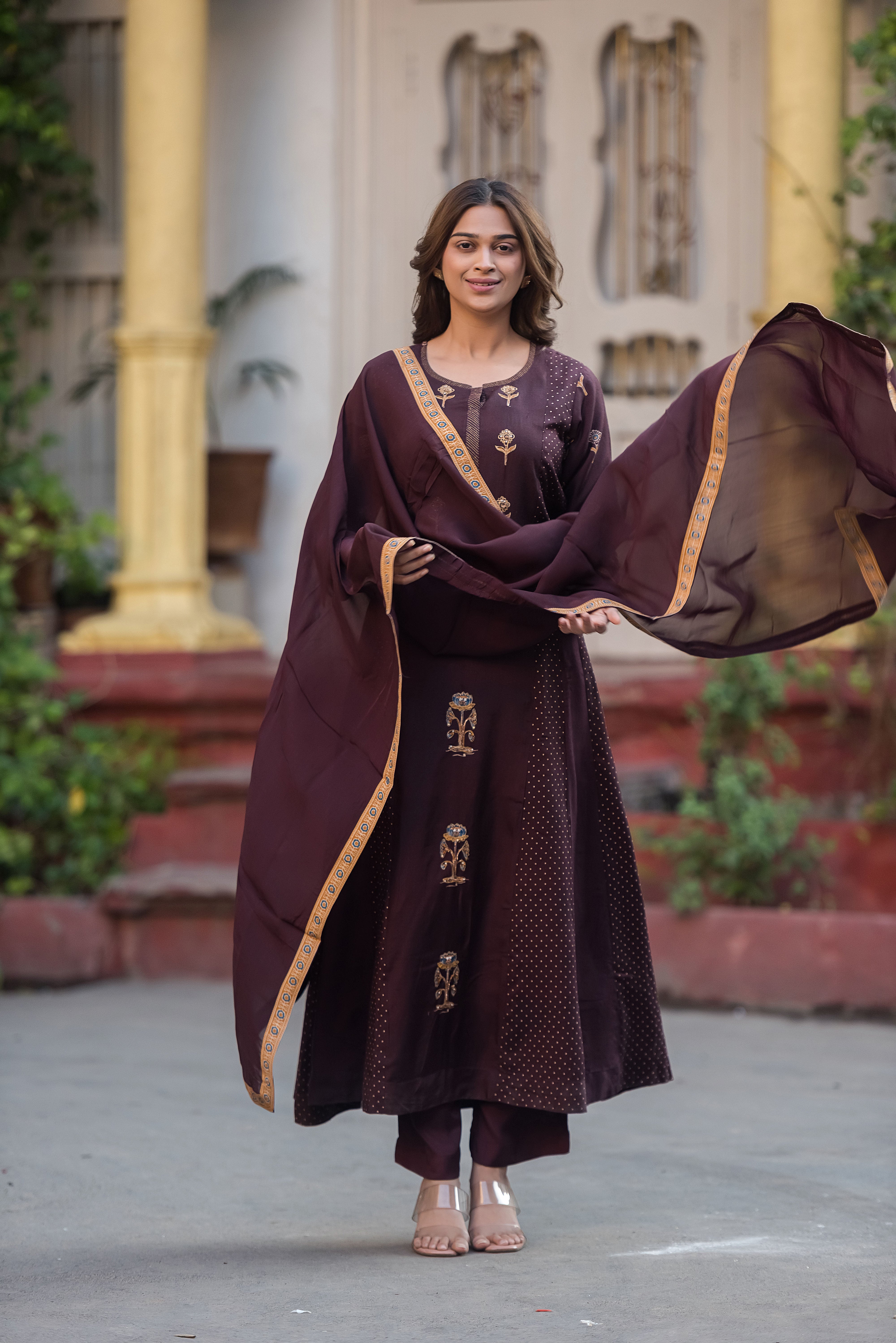 Dola Silk Coffee Flared Suit Set