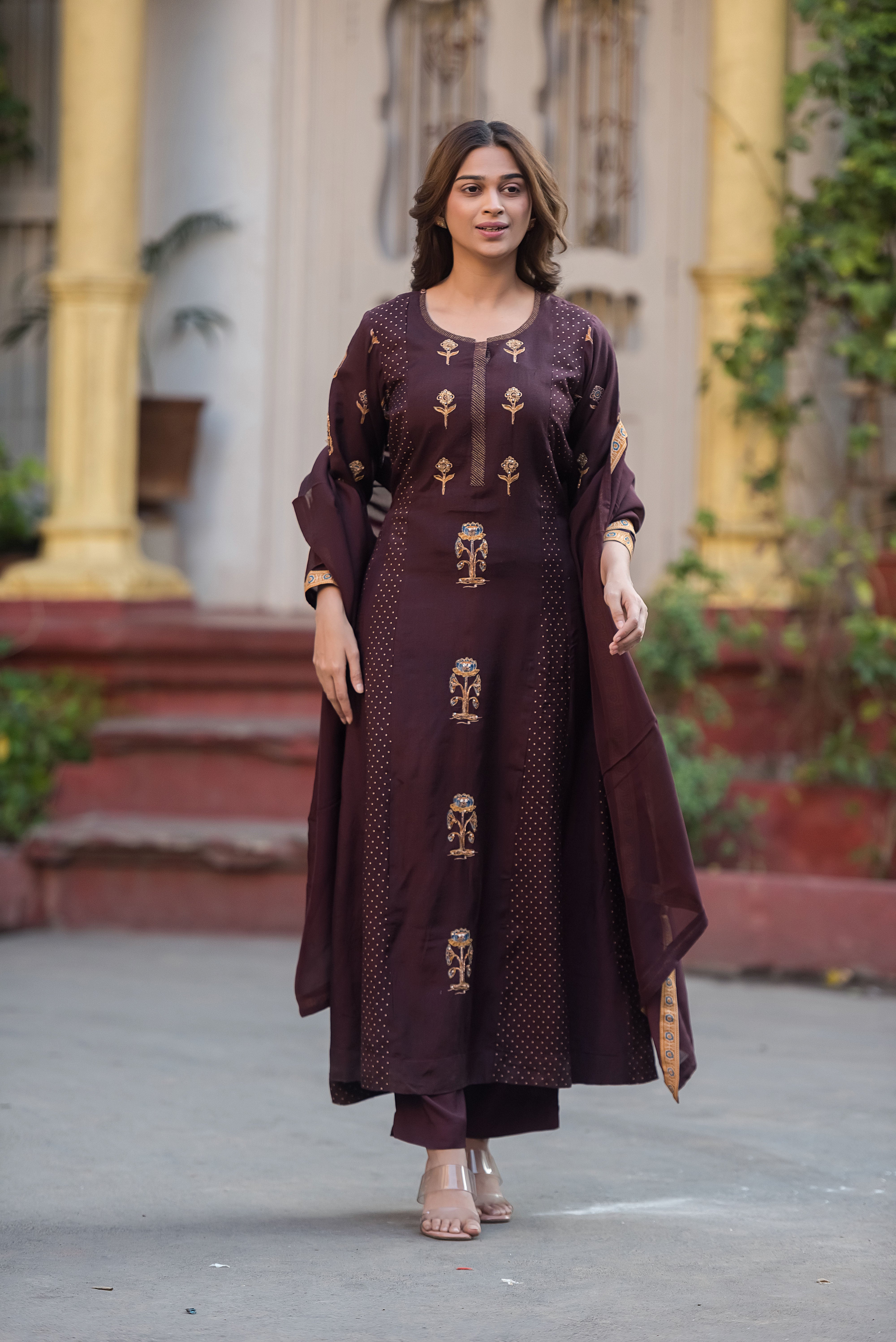 Dola Silk Coffee Flared Suit Set