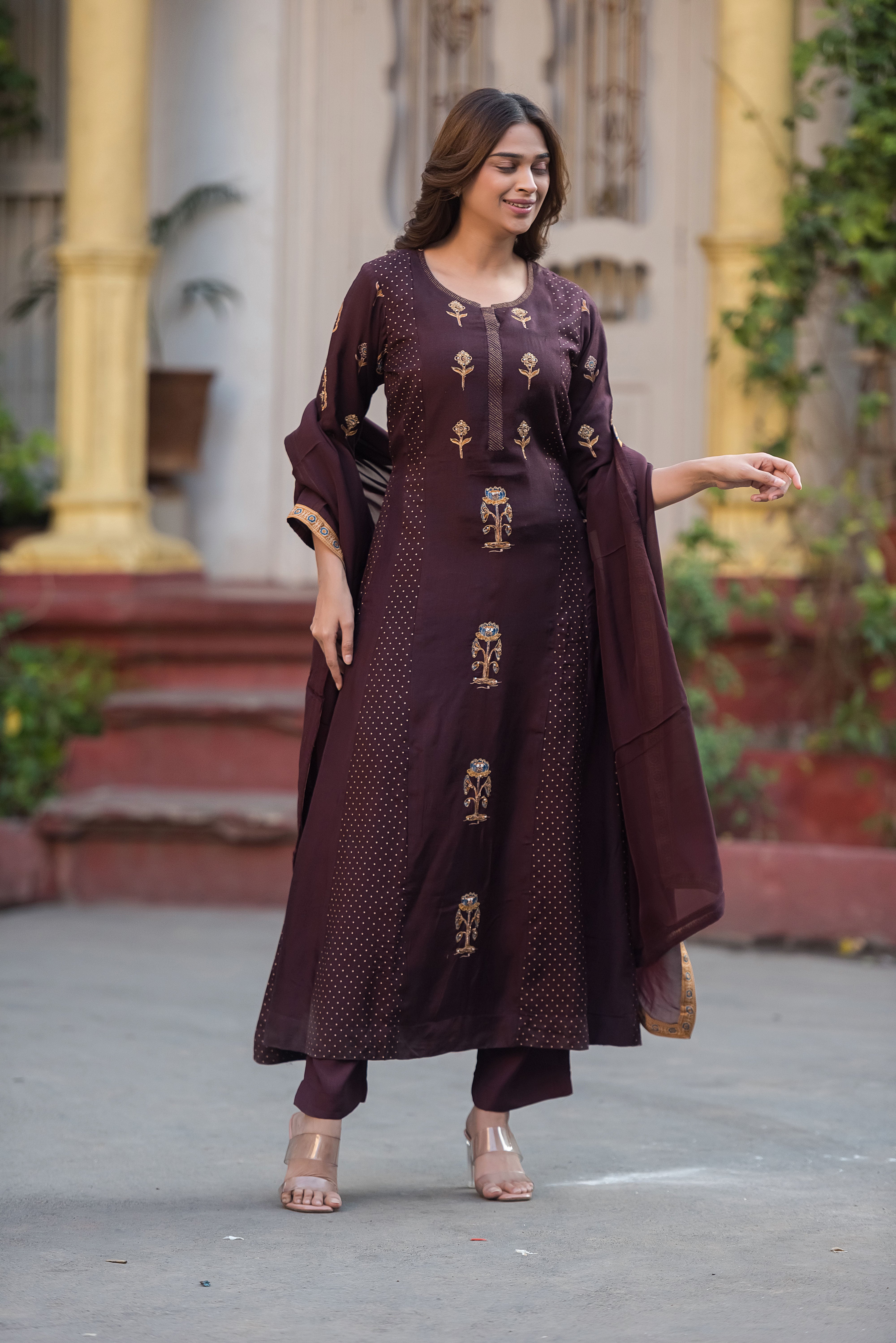 Dola Silk Coffee Flared Suit Set