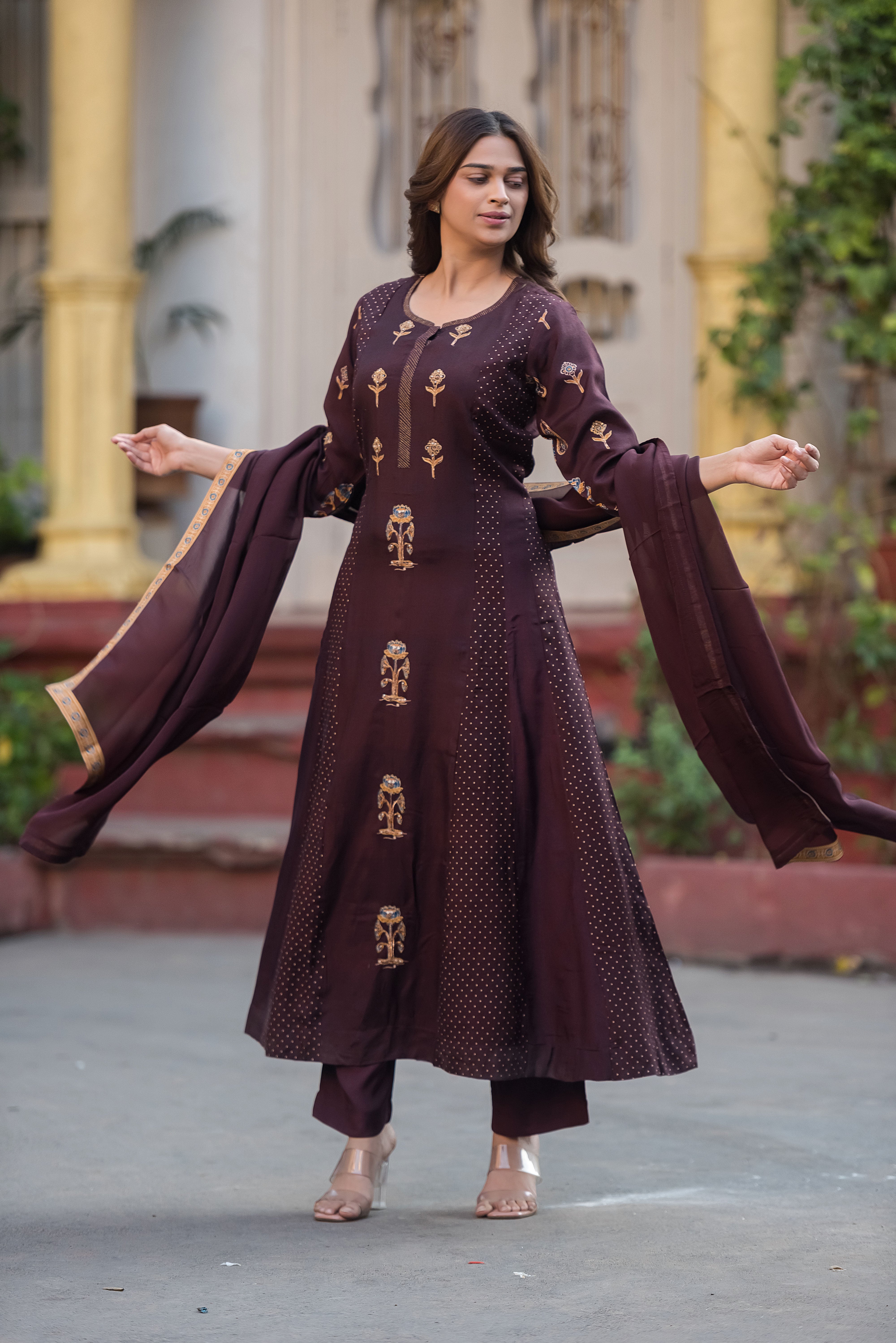 Dola Silk Coffee Flared Suit Set
