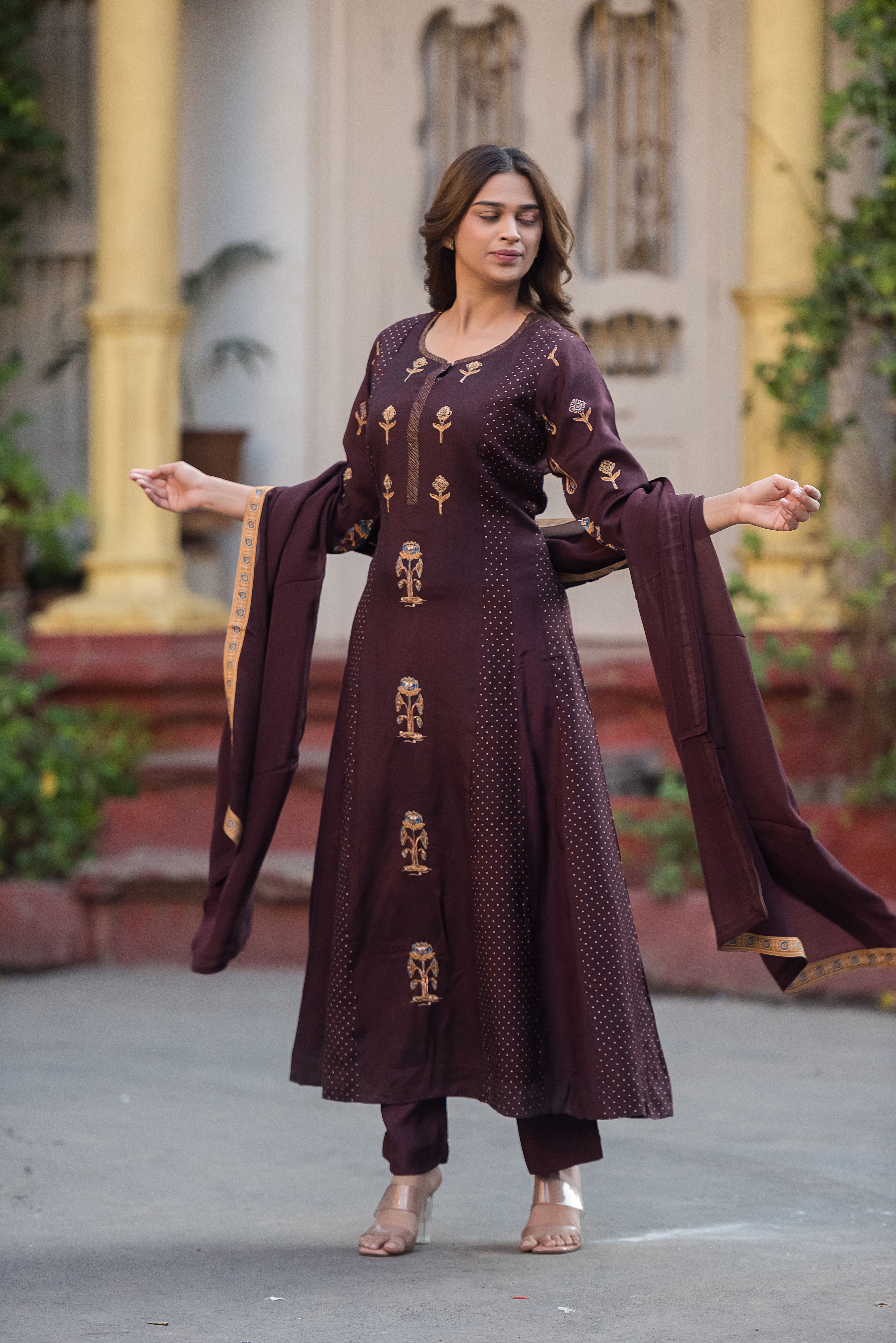 Dola Silk Coffee Flared Suit Set