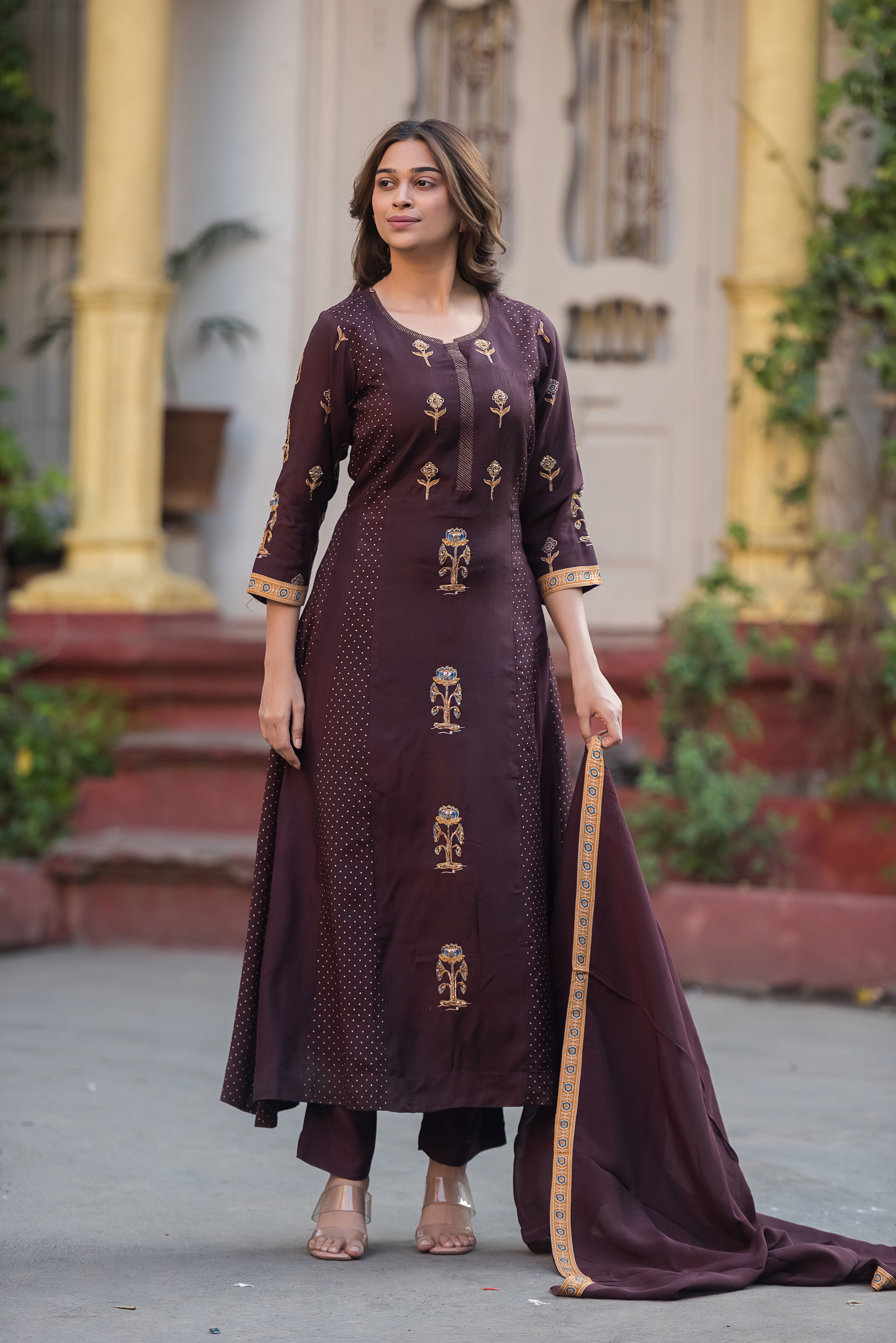 Dola Silk Coffee Flared Suit Set