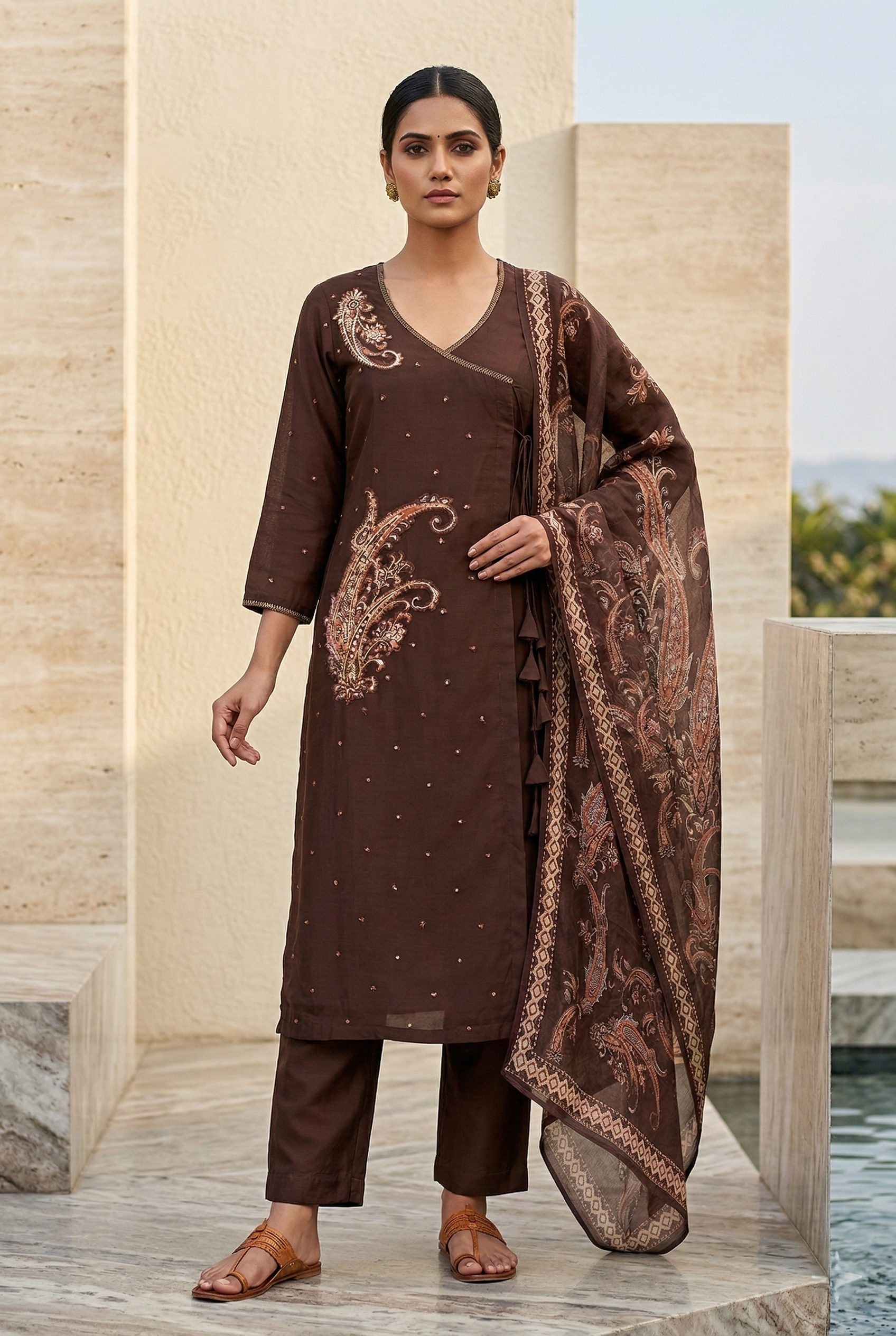 Coffee Angrakha Salwar Suit Set