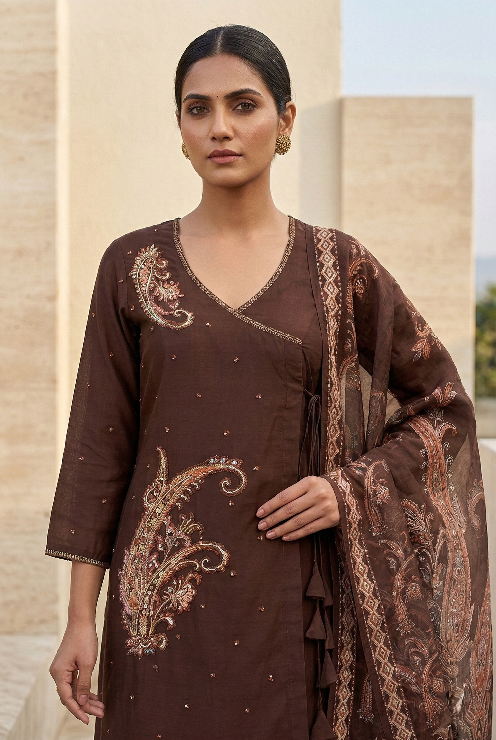 Coffee Angrakha Salwar Suit Set