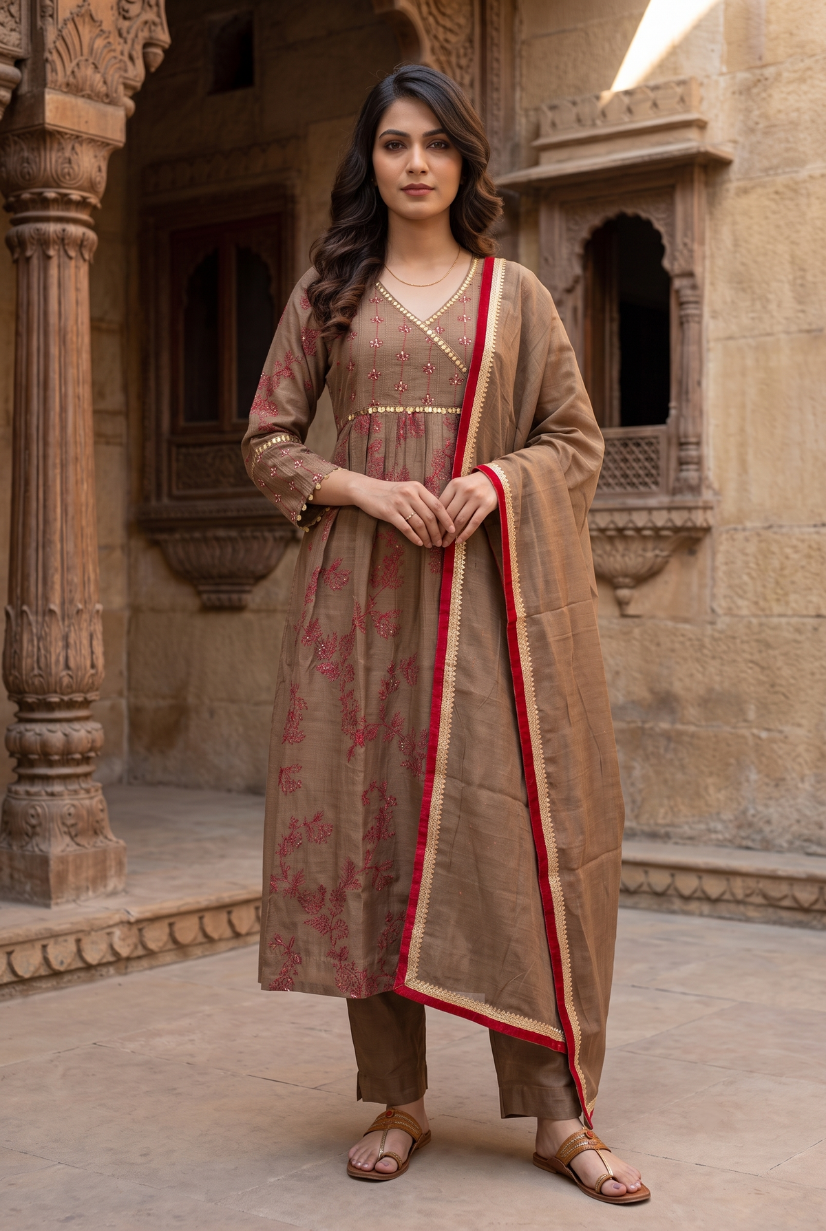 Coffee Mal Chanderi Anarkali Salwar Suit Set