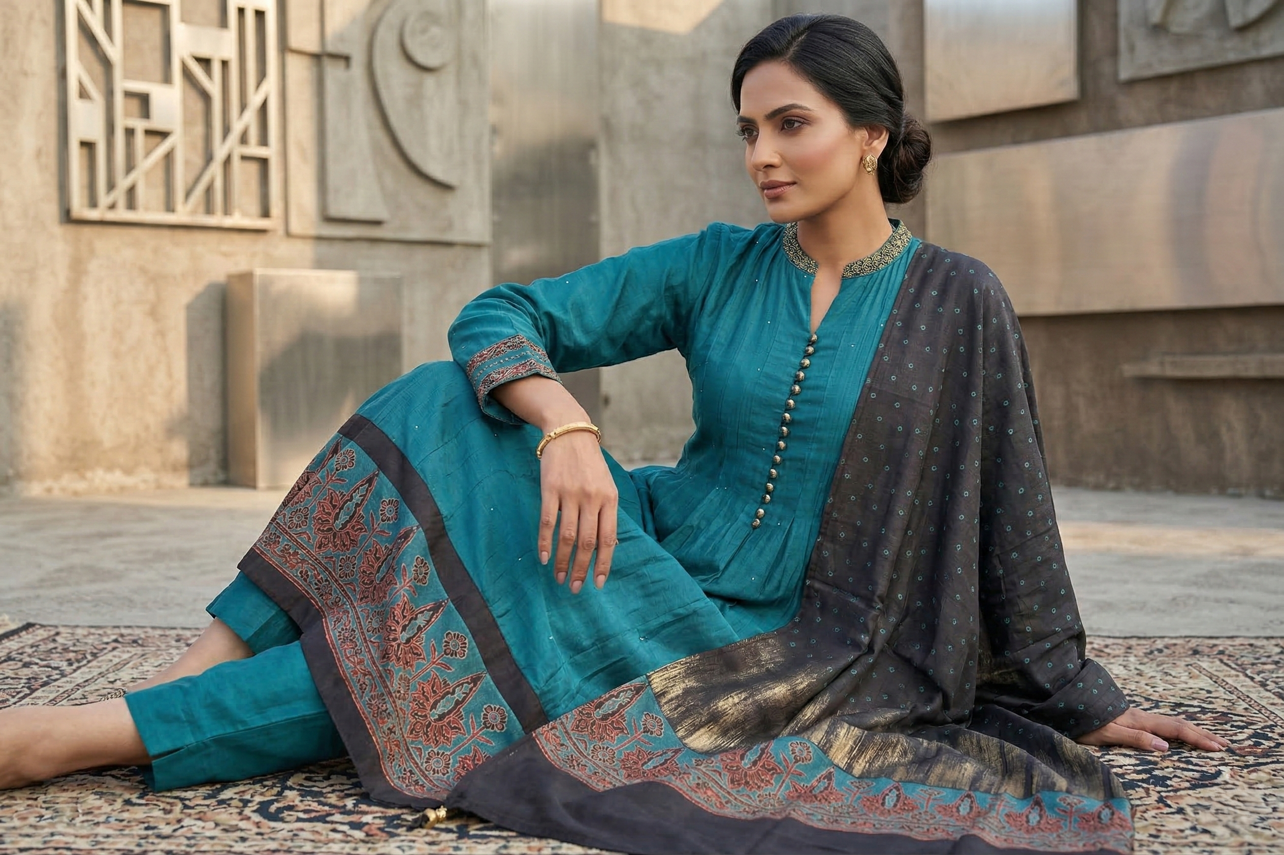 Teal A-line Salwar Suit Set