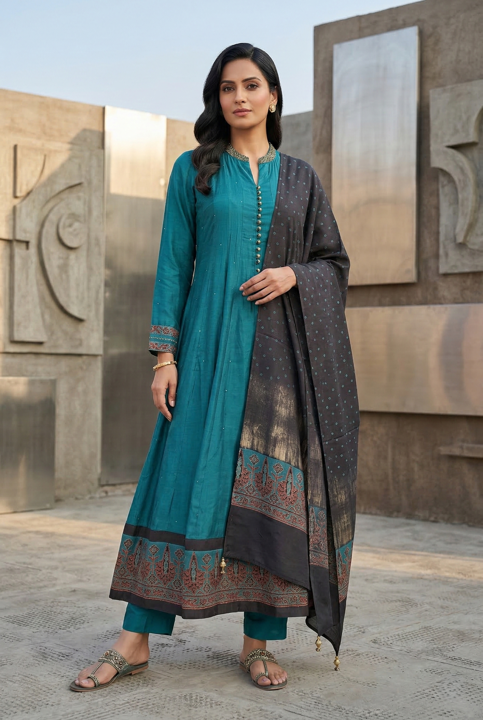 Teal A-line Salwar Suit Set